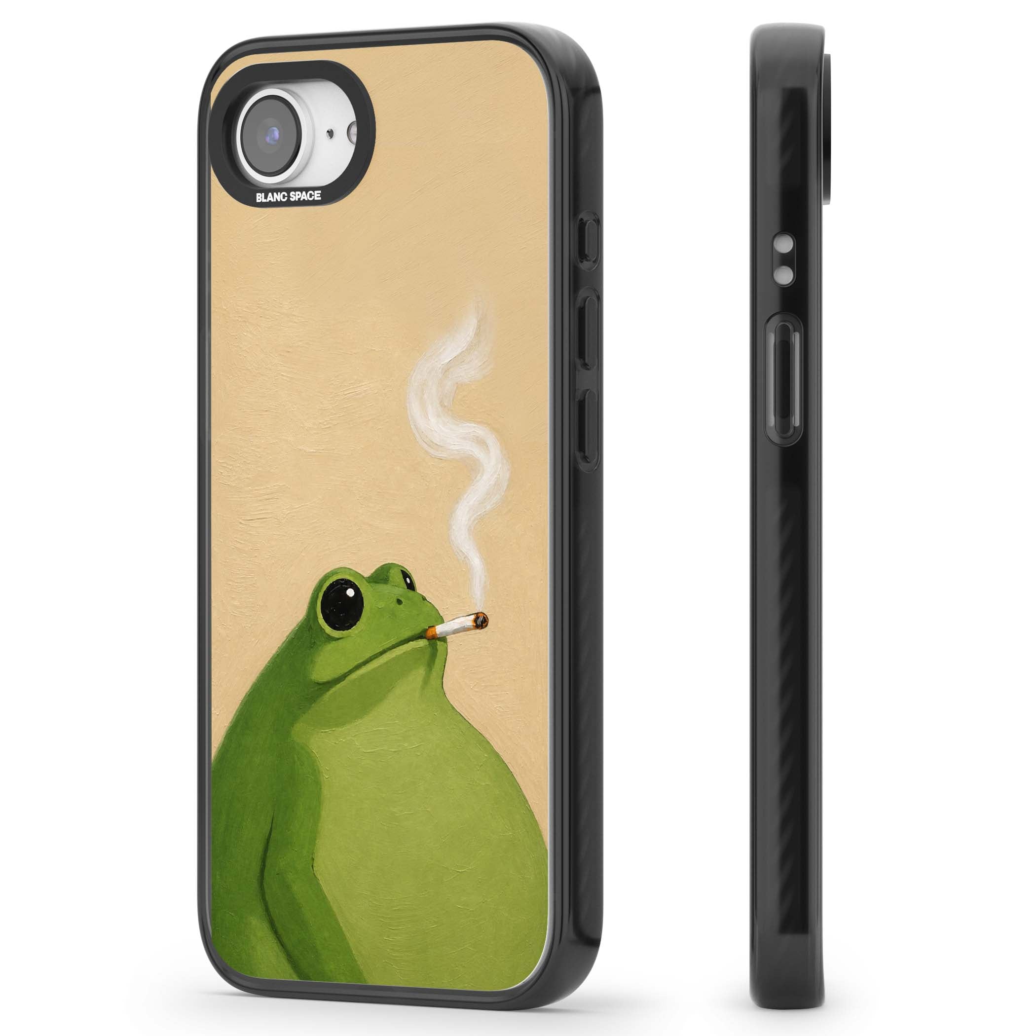 The Smoking Frog cottagecore iPhone case featuring a hand-painted green frog smoking a cigarette on a cream oil painting back | Black Impact case for iPhone 16e, iPhone 17e