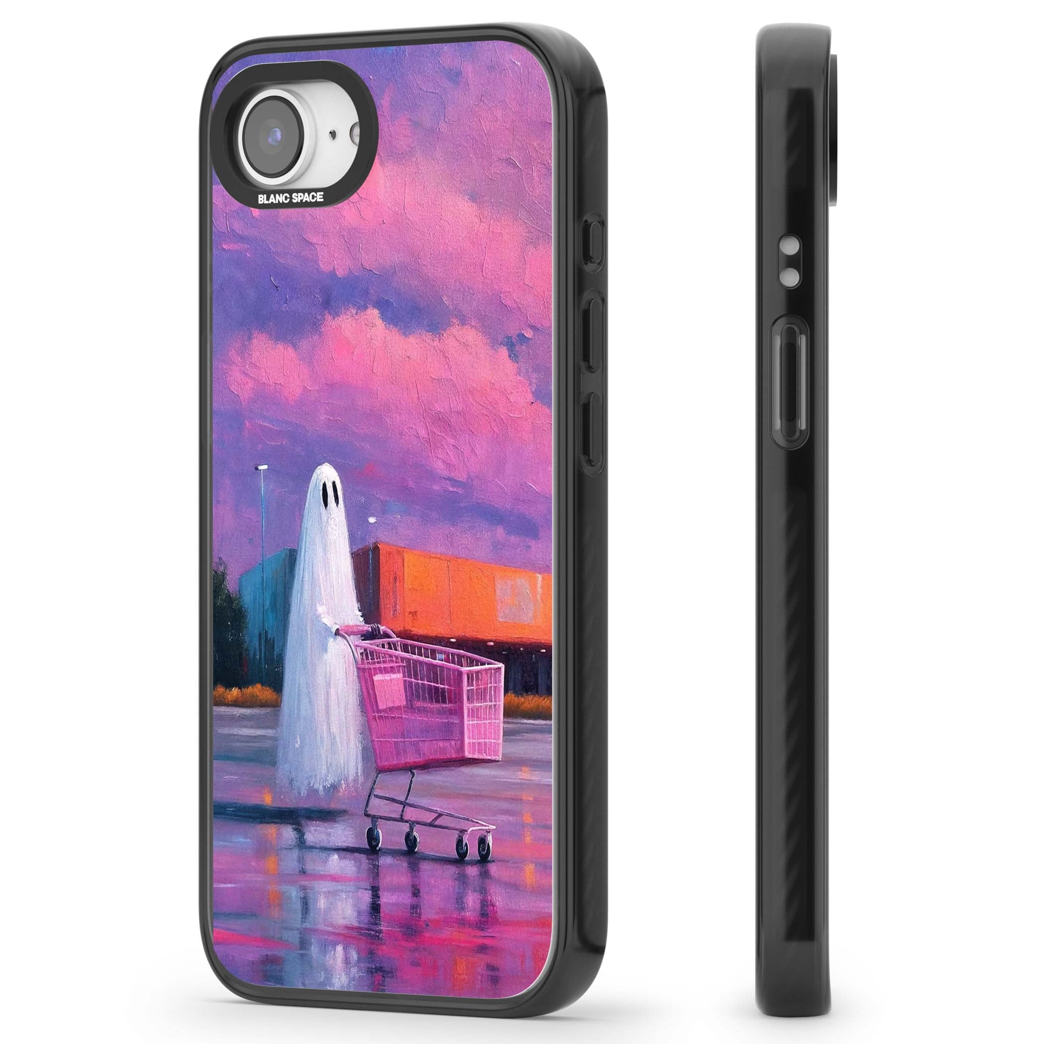 A Ghost's Errand ghost halloween iPhone case featuring a painted ghost, pink shopping trolley and purple sunset sky | Black Impact case for iPhone 16e, iPhone 17e