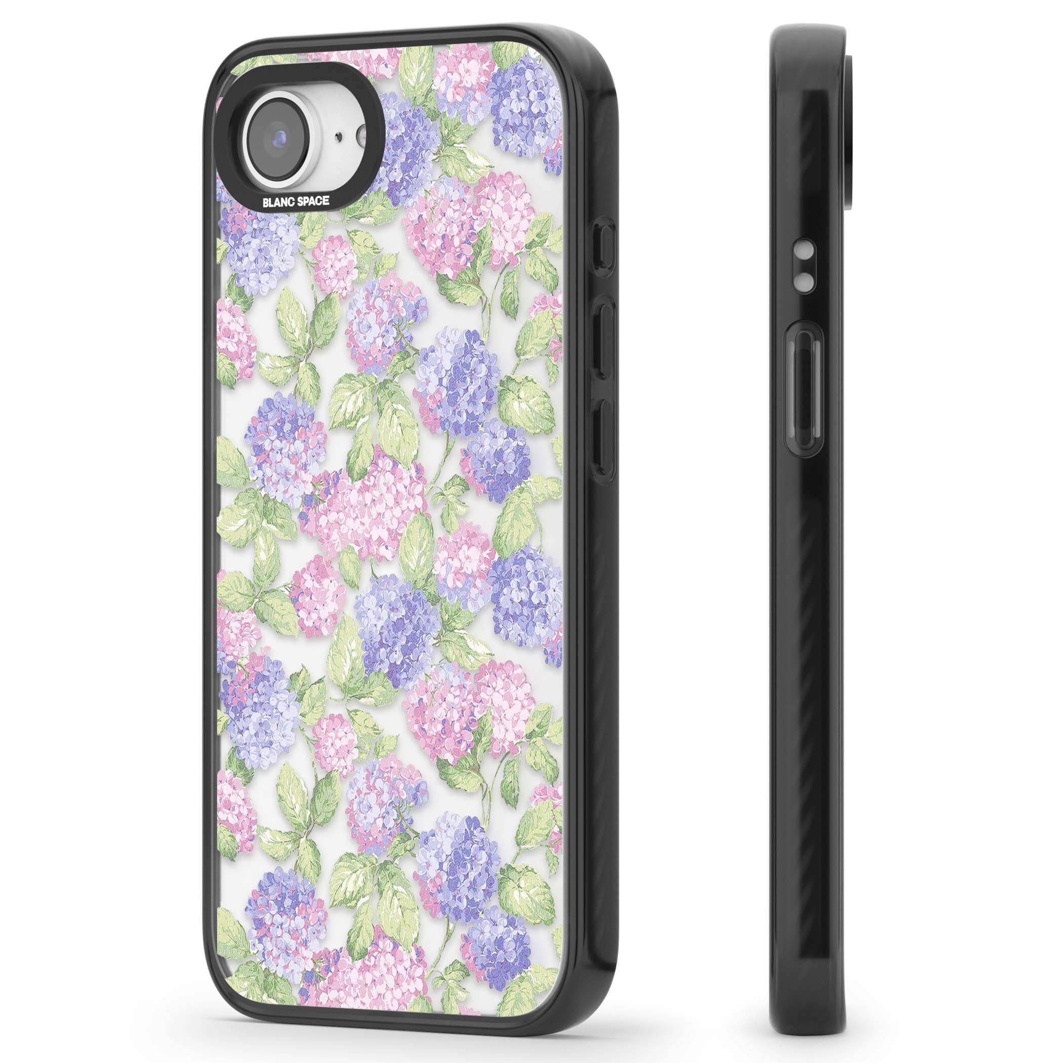 Cottage Hydrangea cottagecore iPhone case featuring pink and purple hydrangea blooms with green leaves on a clear background | Black Impact case for iPhone 16e, iPhone 17e