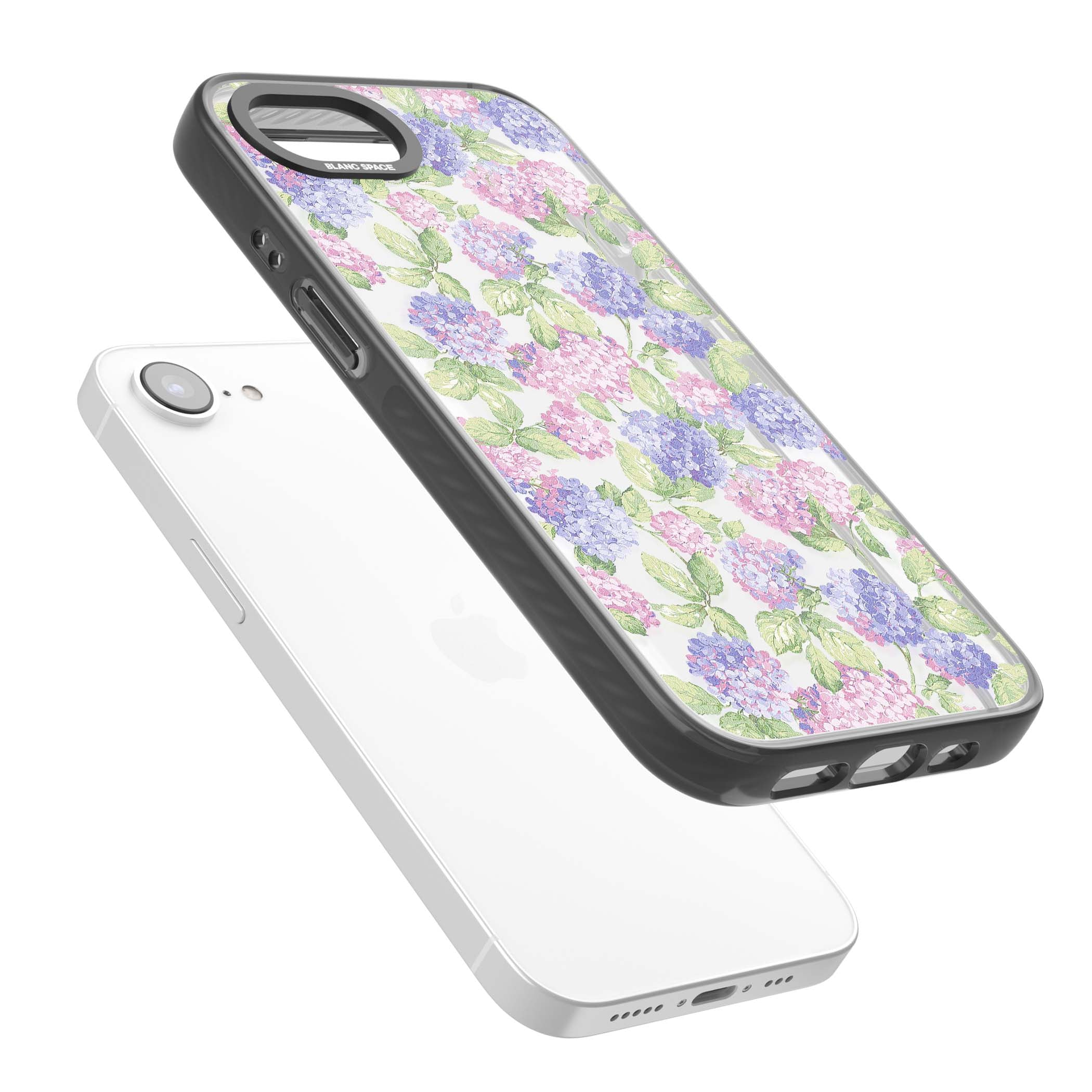 Cottage Hydrangea cottagecore iPhone case featuring pink and purple hydrangea blooms with green leaves on a clear background | Black Impact case for iPhone 16e, iPhone 17e