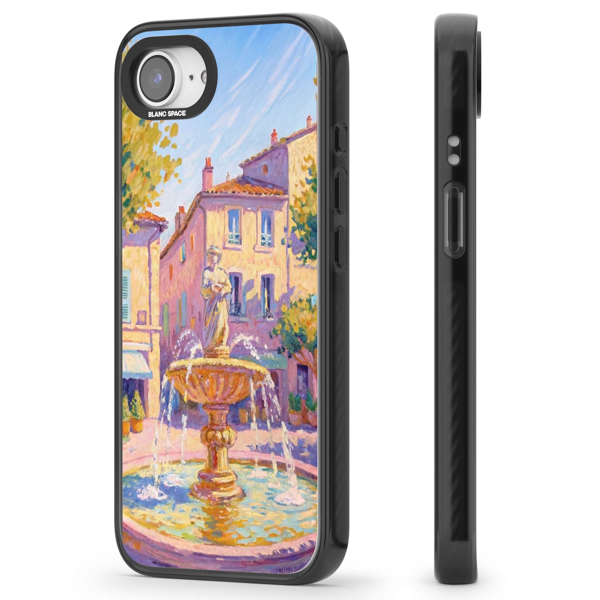Fountain Square fine art iPhone case featuring an impressionist Provençal fountain, pastel village buildings and summe | Black Impact case for iPhone 16e, iPhone 17e