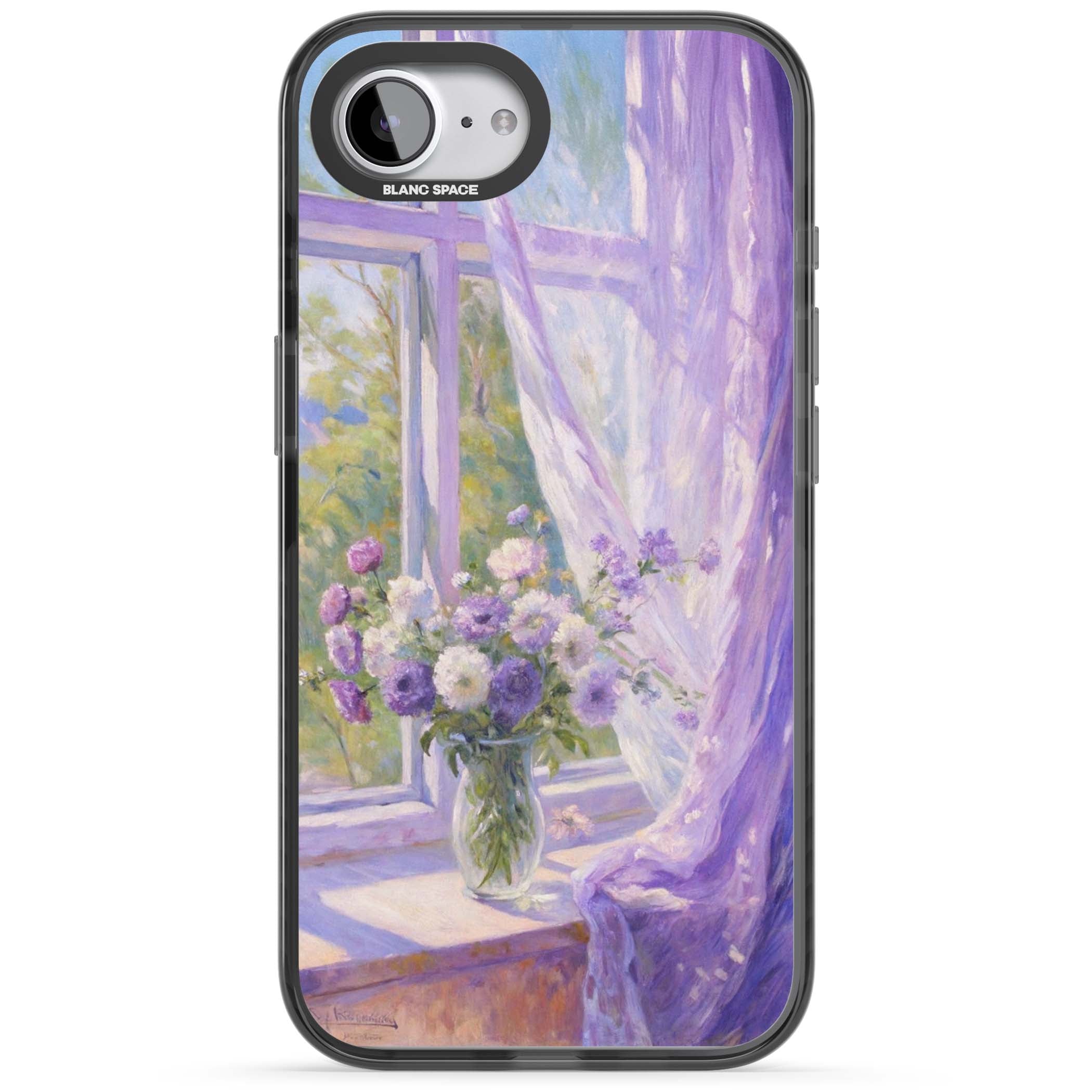 A Provence Morning impressionist art iPhone case featuring a vase of purple flowers, sunlit window and sheer curt | Black Impact case for iPhone 16e, iPhone 17e