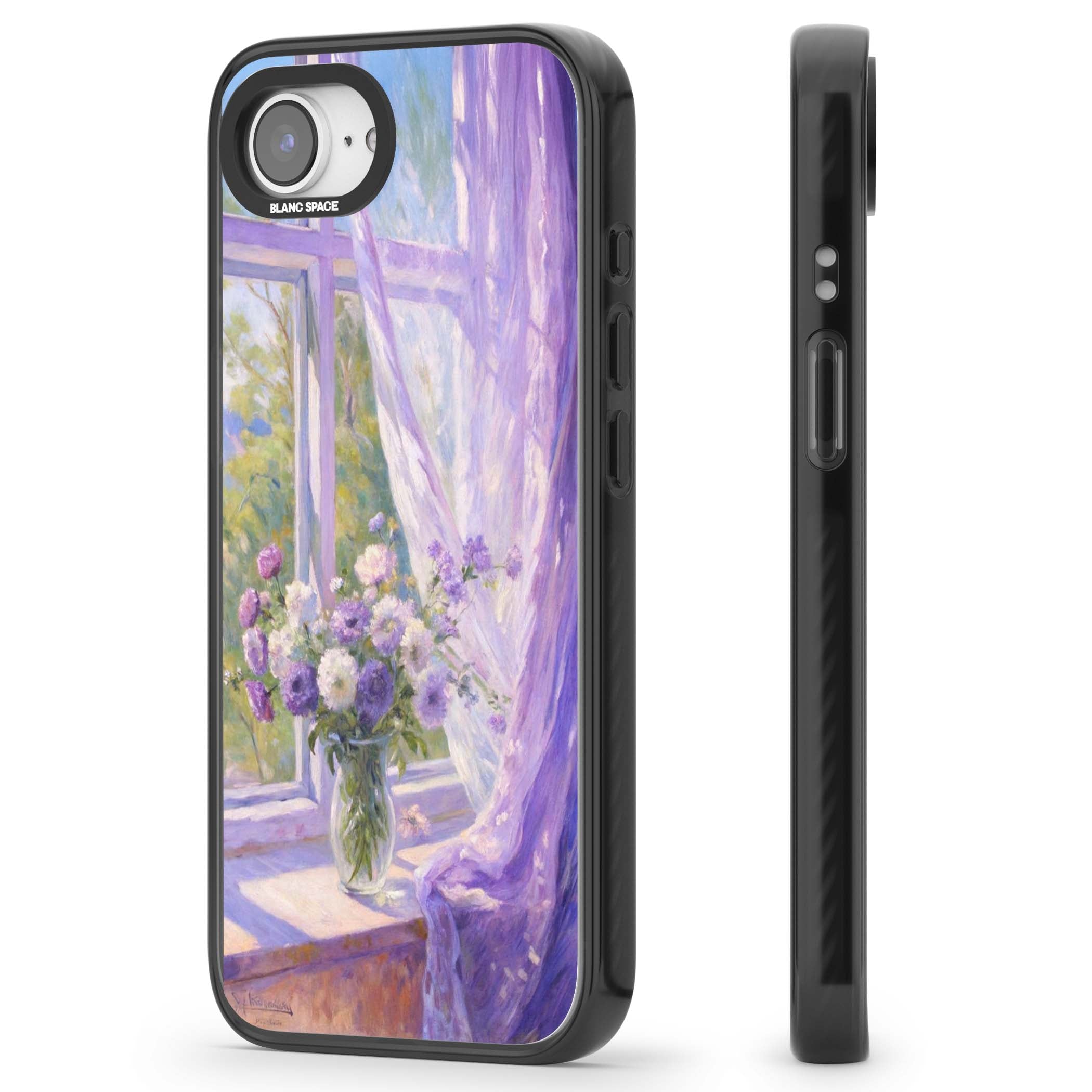 A Provence Morning impressionist art iPhone case featuring a vase of purple flowers, sunlit window and sheer curt | Black Impact case for iPhone 16e, iPhone 17e