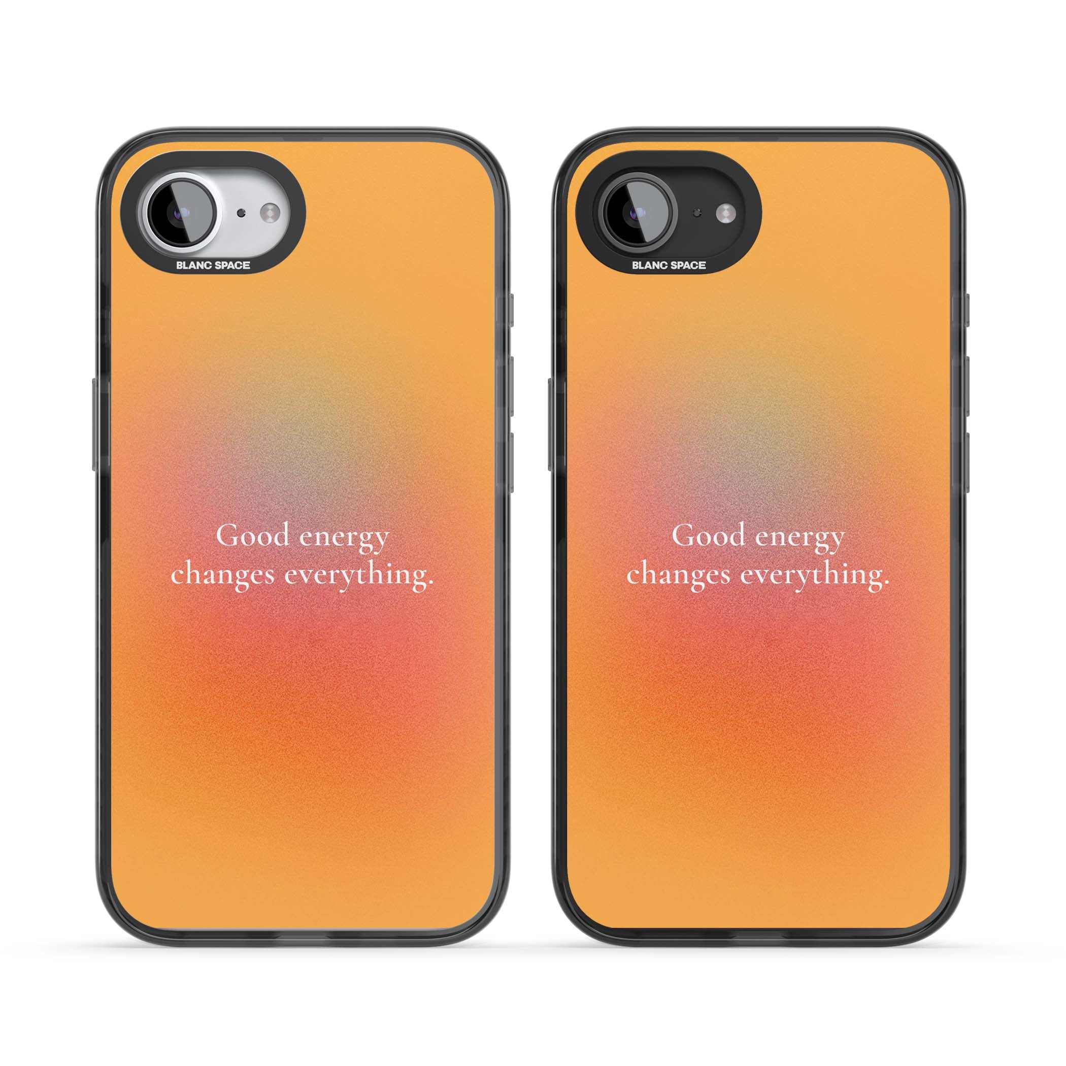 Good Energy quote iPhone case featuring an orange and pink aura gradient with white serif affirmation text | Black Impact Magsafe case for iPhone 16e, iPhone 17e
