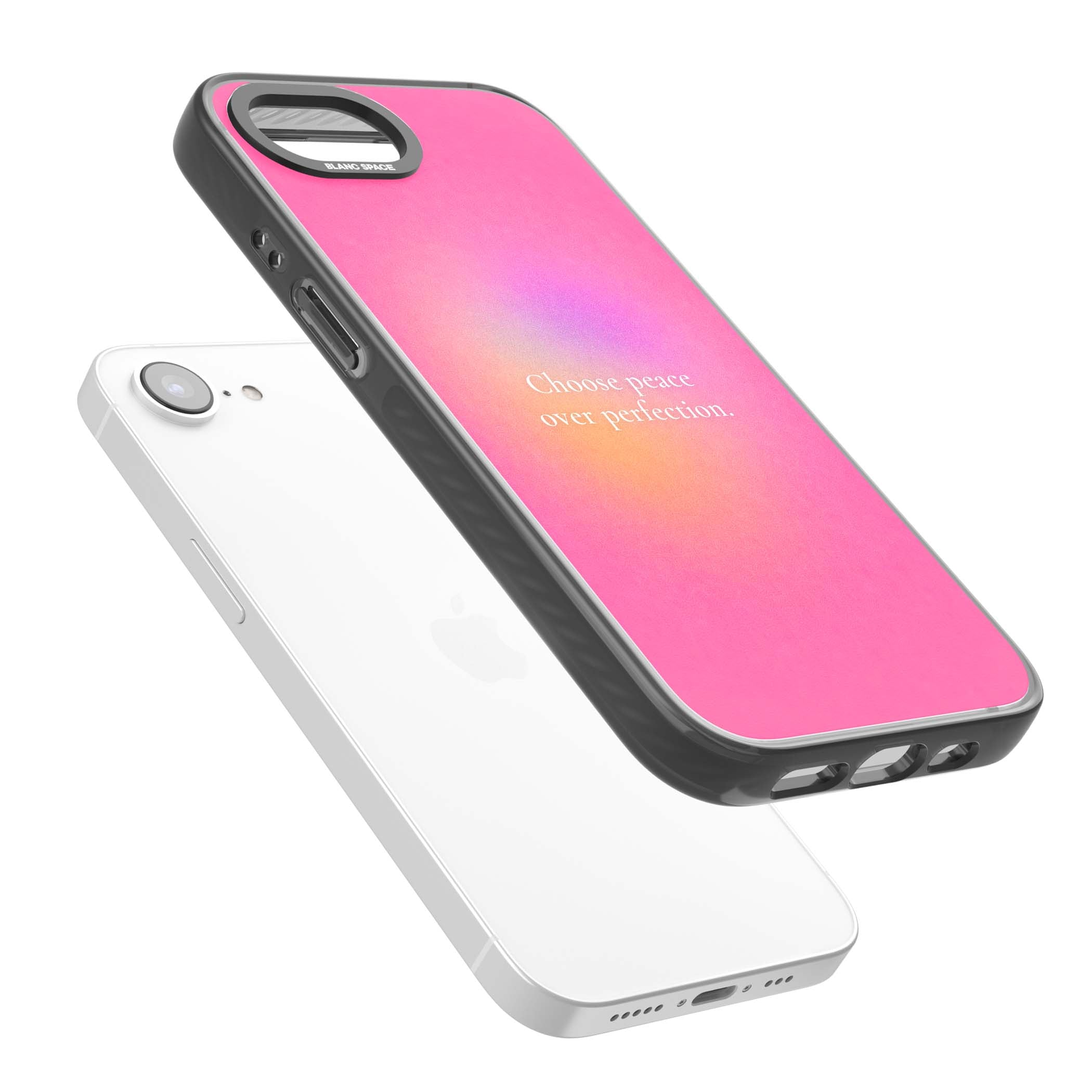 Peace Over Perfection quote iPhone case featuring a dreamy pink aura gradient and delicate white affirmation text | Black Impact Magsafe case for iPhone 16e, iPhone 17e
