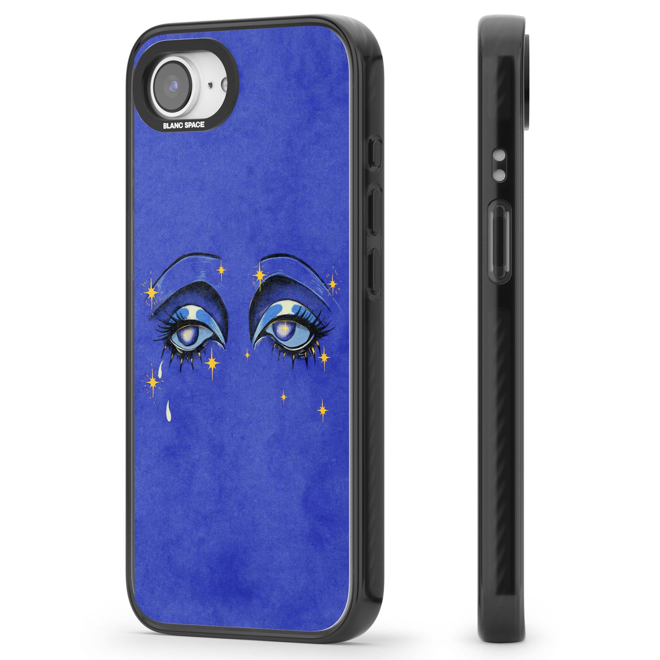 Blue Mystic Eyes celestial iPhone case featuring hand drawn blue mystical eyes, golden stars and a painted tear on indigo | Black Impact Magsafe case for iPhone 16e, iPhone 17e