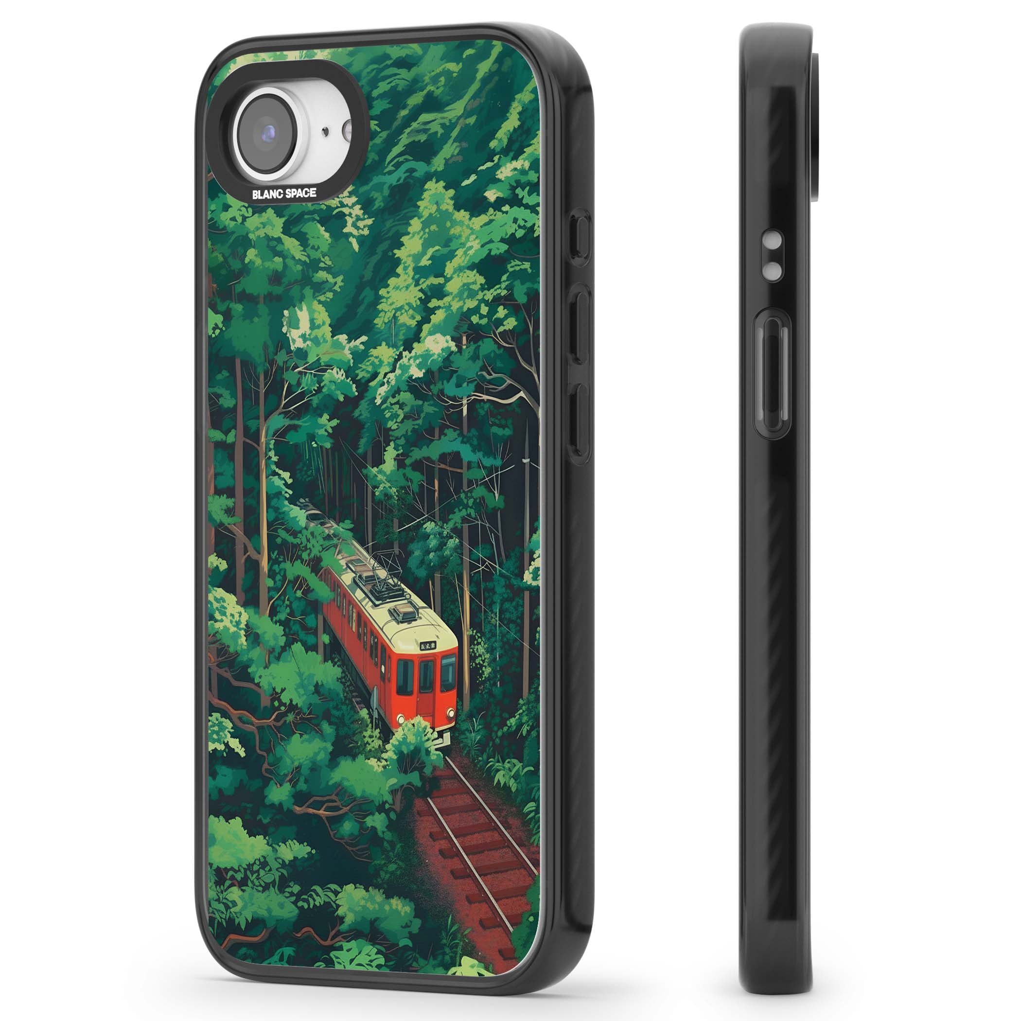 Railway In Toyama Japanese iPhone case featuring a red train, cedar forest and winding mountain railway tracks | Black Impact Magsafe case for iPhone 16e, iPhone 17e