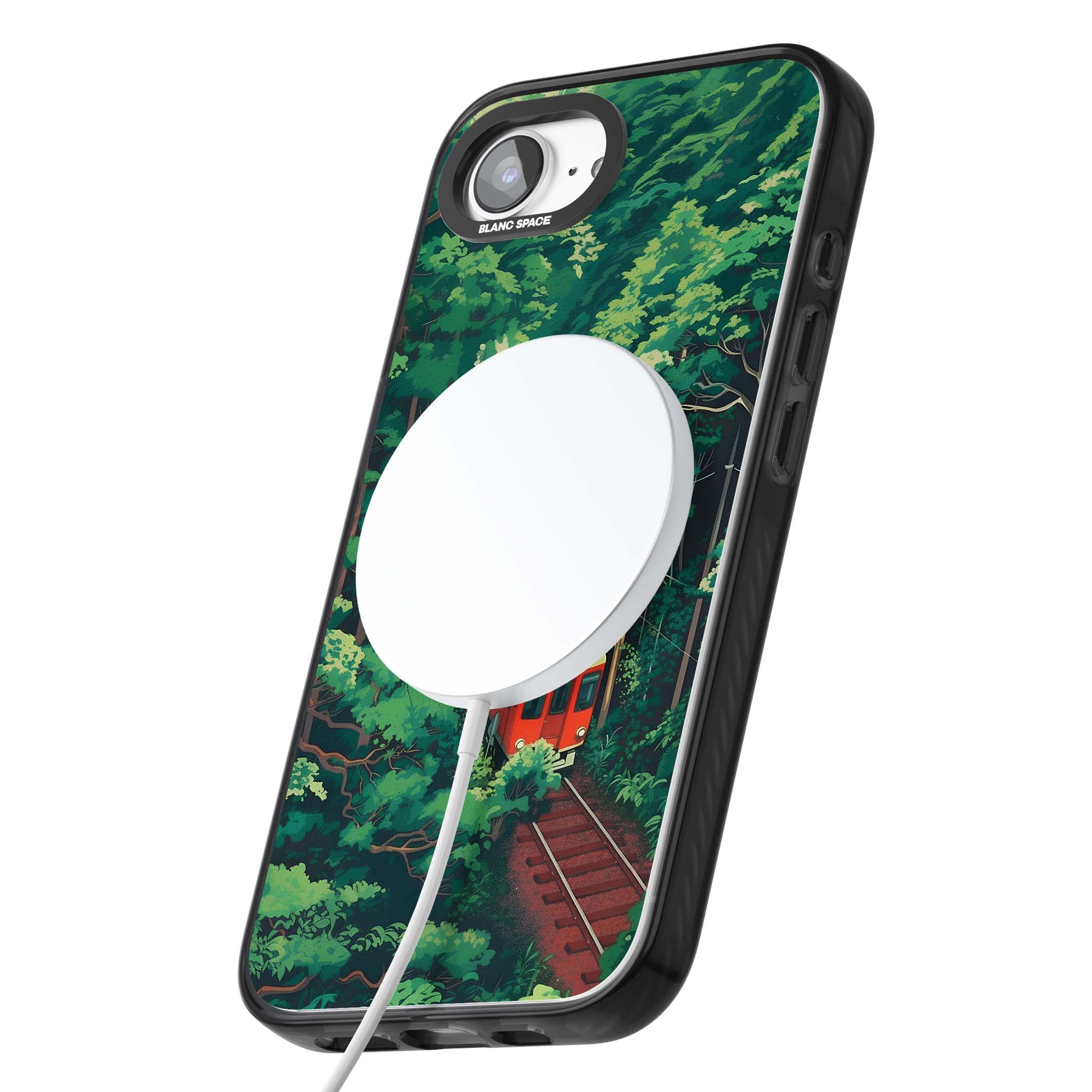 Railway In Toyama Japanese iPhone case featuring a red train, cedar forest and winding mountain railway tracks | Black Impact Magsafe case for iPhone 16e, iPhone 17e