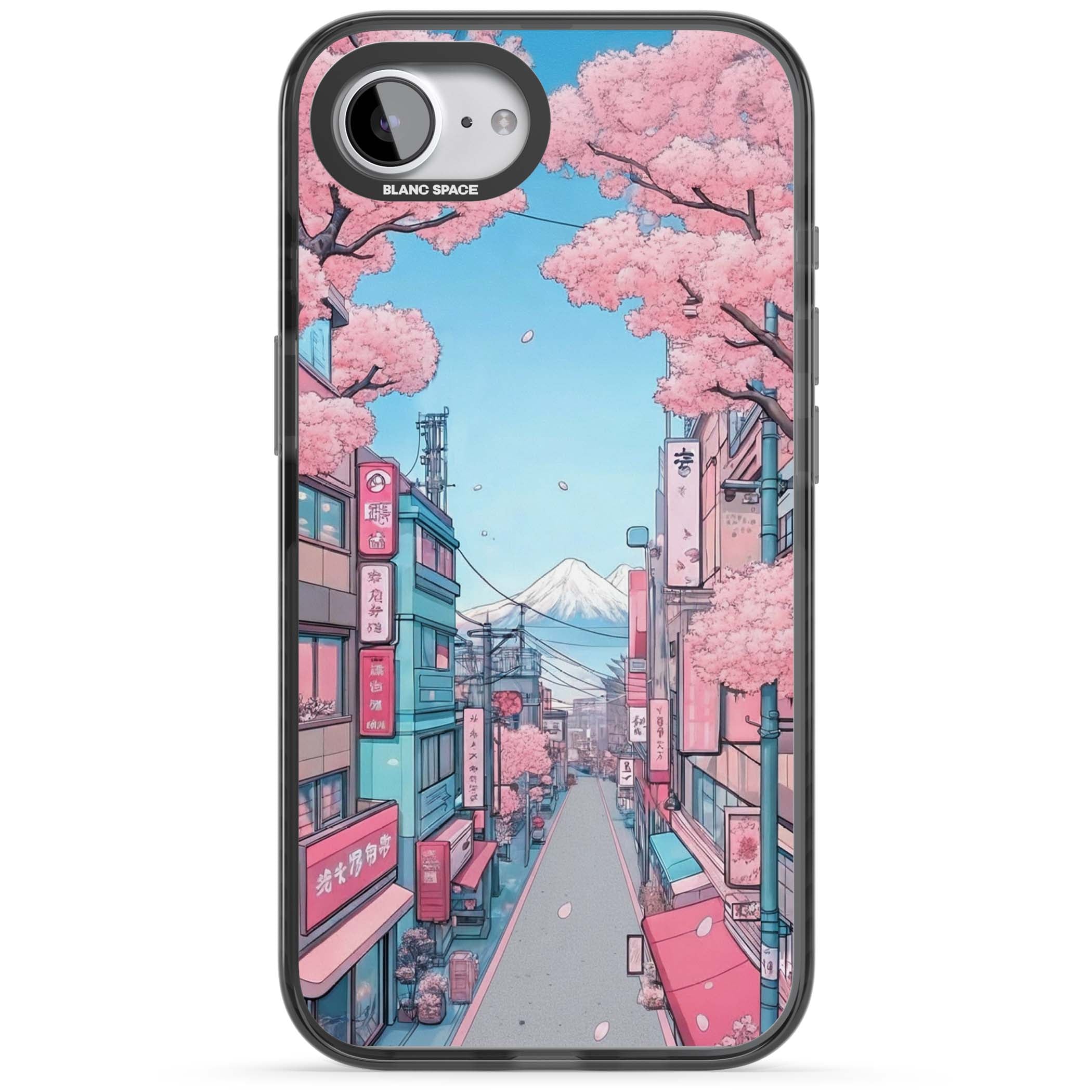 Sakura Lane anime iPhone case featuring Tokyo street scene with cherry blossoms and Mount Fuji | Black Impact Magsafe case for iPhone 16e, iPhone 17e