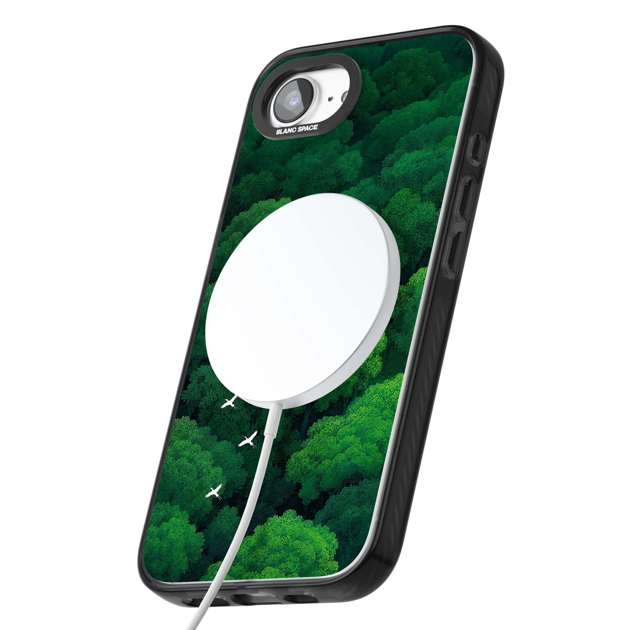 Grove Migration forest iPhone case featuring white cranes flying over lush green treetop canopy | Black Impact Magsafe case for iPhone 16e, iPhone 17e