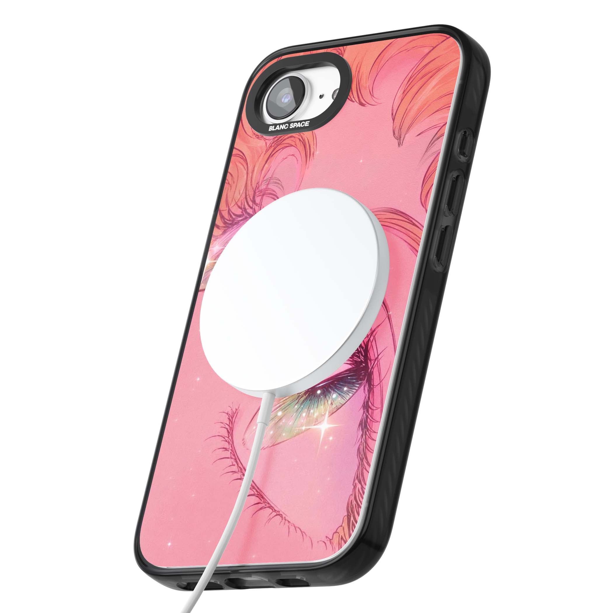 Pink Ethereal Gaze anime iPhone case featuring sparkling manga eyes, coral lashes and dreamy peach sky | Black Impact Magsafe case for iPhone 16e, iPhone 17e