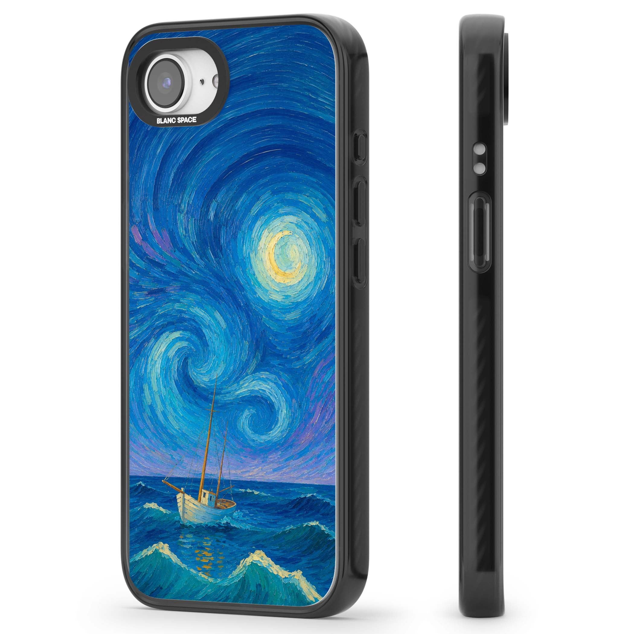 Moonlit Tide Van Gogh art iPhone case featuring swirling starry night sky, glowing moon and lone sailing boat at sea | Black Impact Magsafe case for iPhone 16e, iPhone 17e