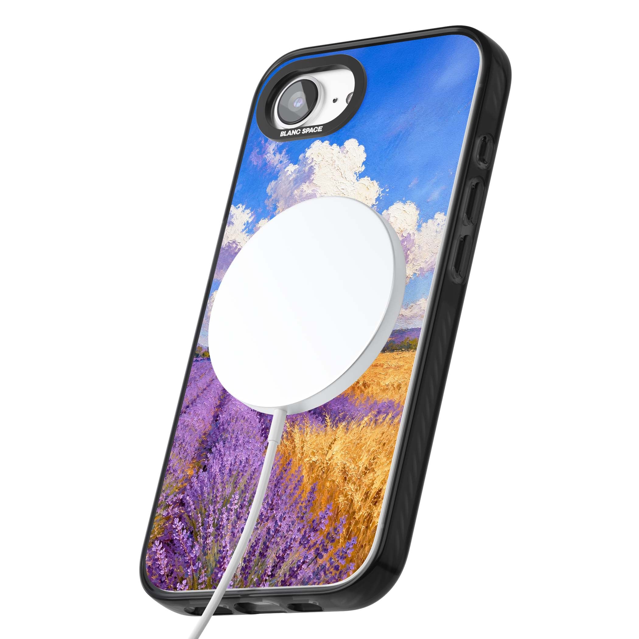 Lavender Mill cottagecore iPhone case featuring a French windmill, lavender field and golden wheat oil painting | Black Impact Magsafe case for iPhone 16e, iPhone 17e