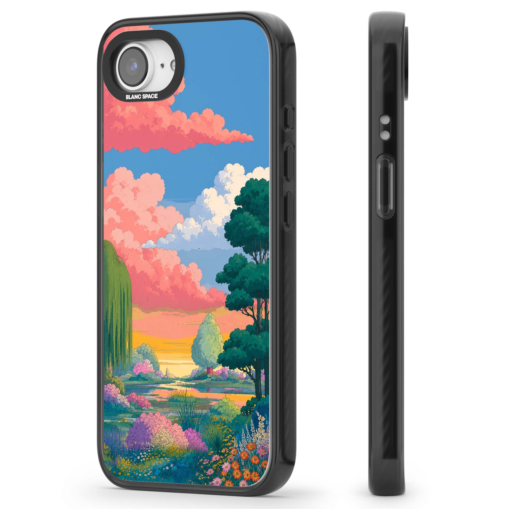 Dream Valley anime landscape iPhone case featuring pink sunset clouds, willow trees and wildflowers | Black Impact Magsafe case for iPhone 16e, iPhone 17e