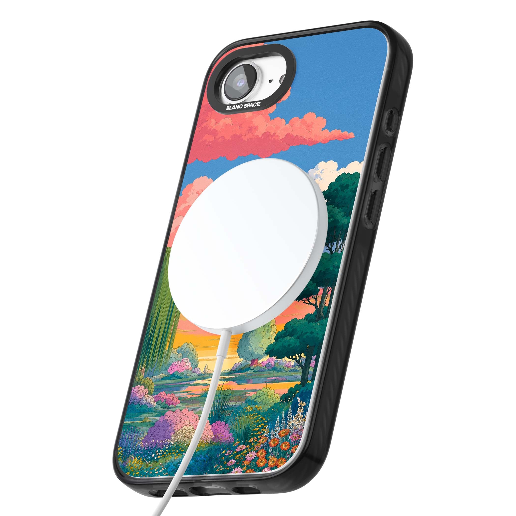 Dream Valley anime landscape iPhone case featuring pink sunset clouds, willow trees and wildflowers | Black Impact Magsafe case for iPhone 16e, iPhone 17e