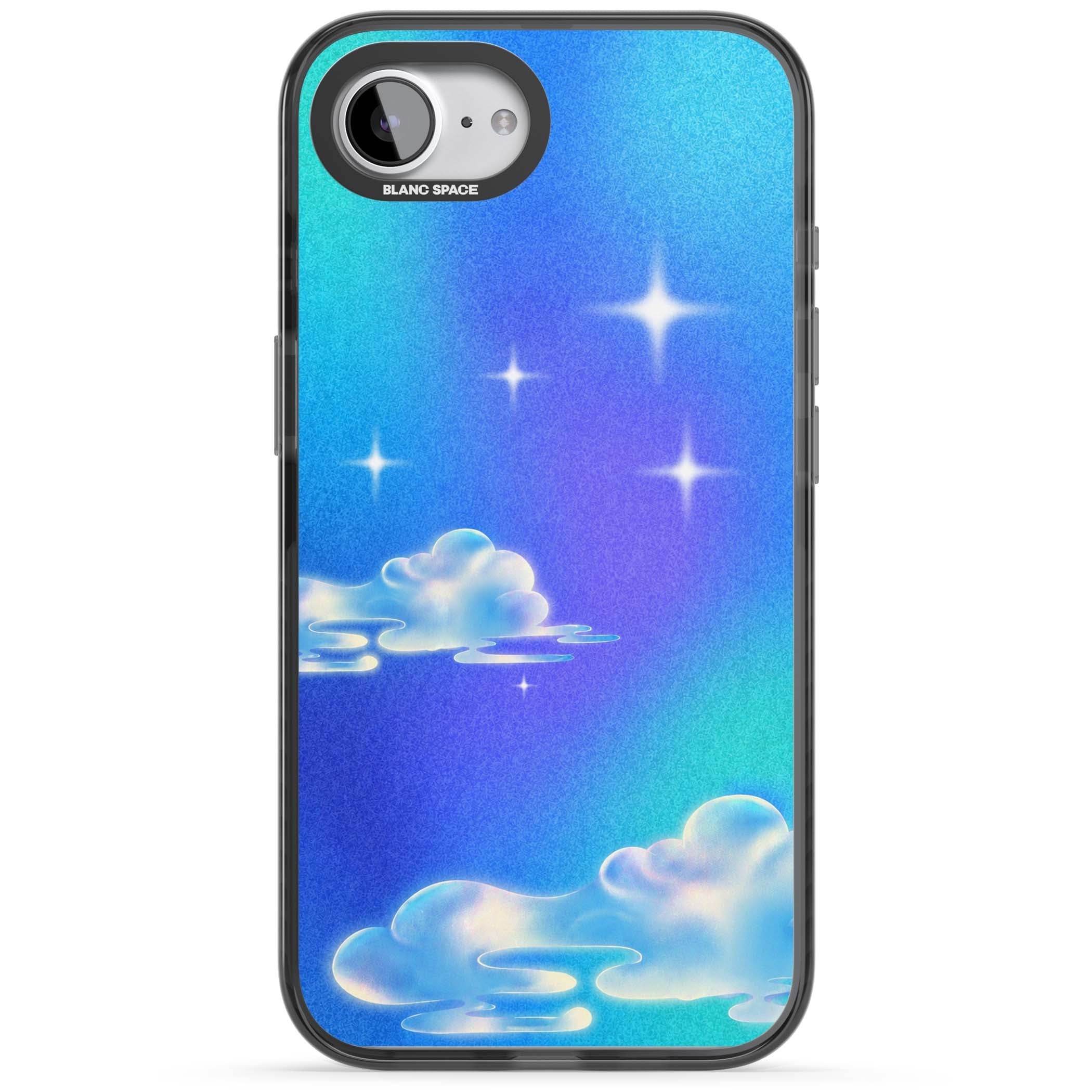 Aurora celestial iPhone case featuring dreamy iridescent clouds, sparkling stars and pastel blue purple sky | Black Impact Magsafe case for iPhone 16e, iPhone 17e