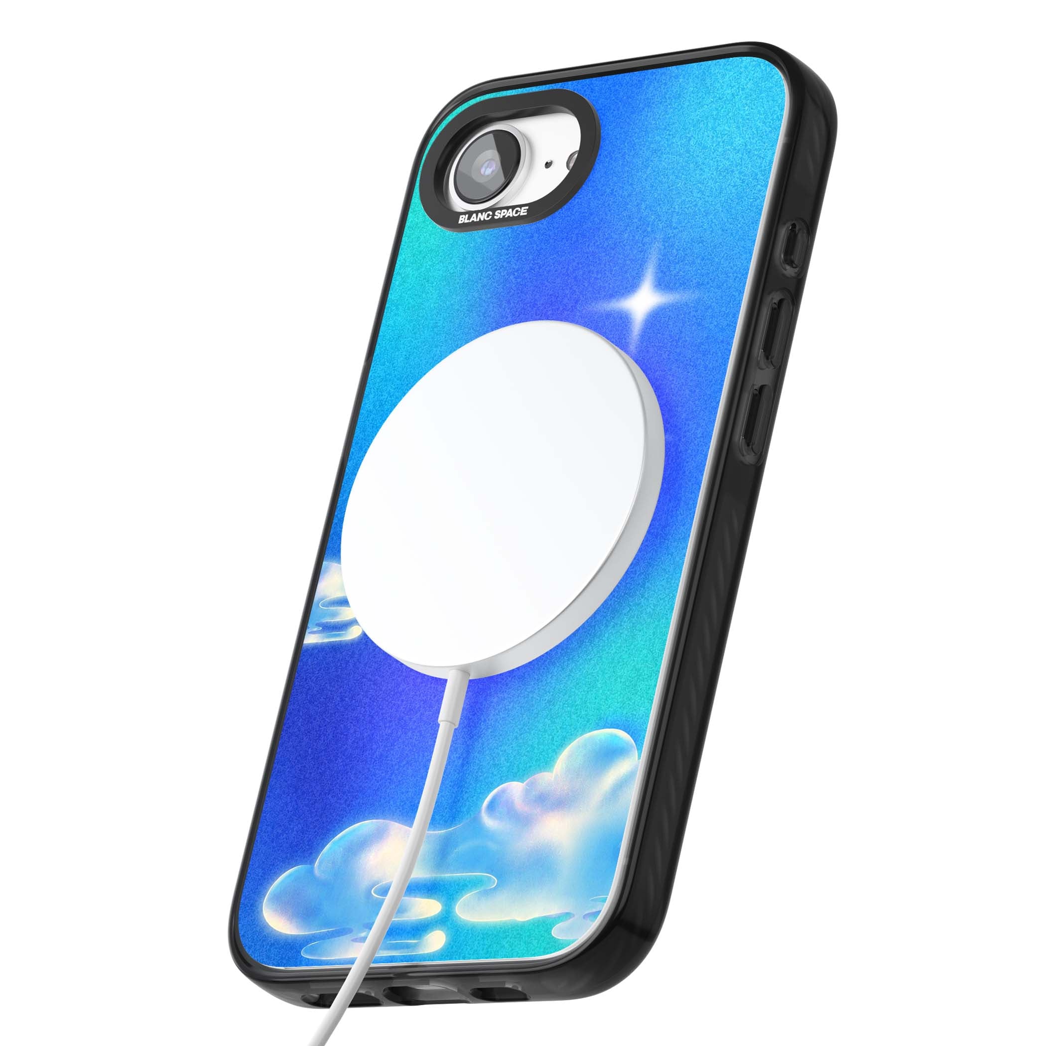 Aurora celestial iPhone case featuring dreamy iridescent clouds, sparkling stars and pastel blue purple sky | Black Impact Magsafe case for iPhone 16e, iPhone 17e