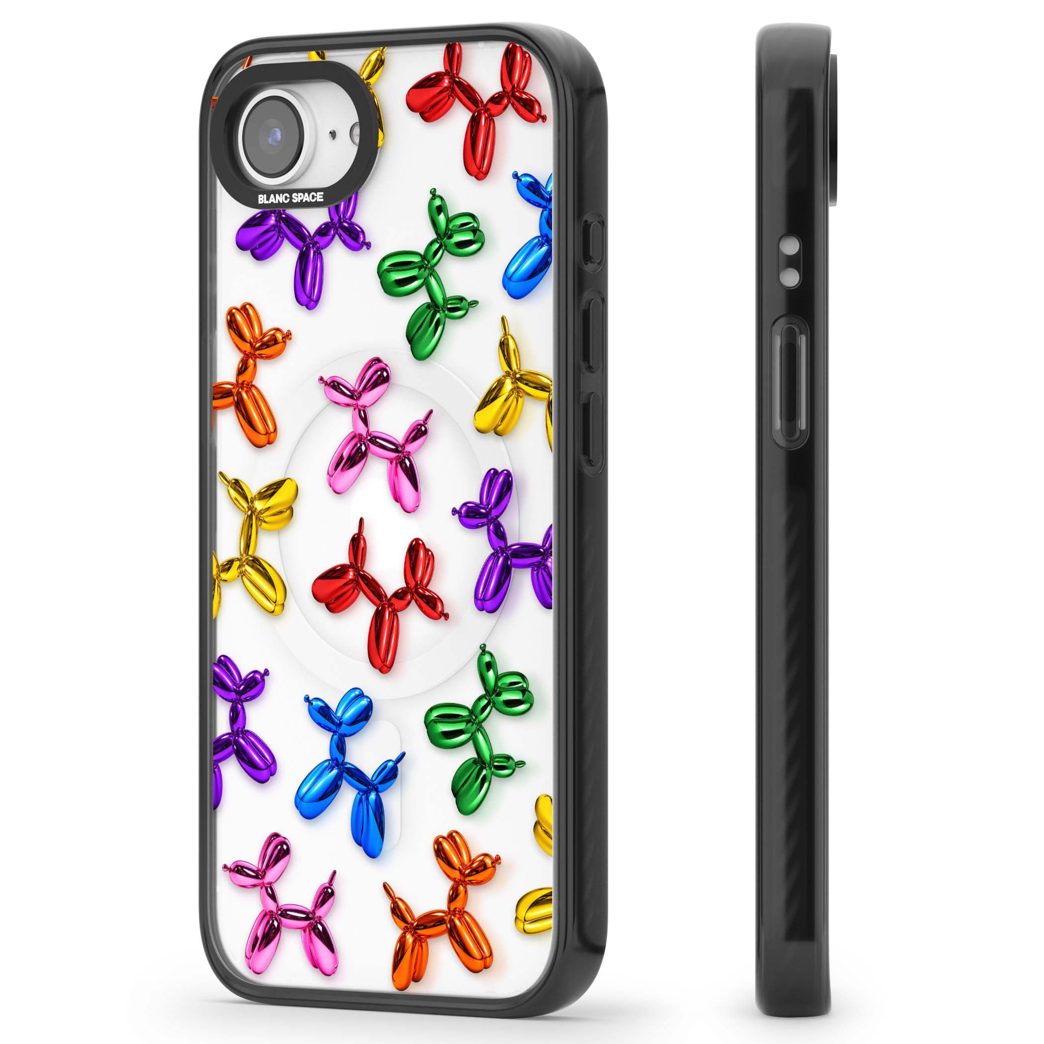 Balloon Dogs pop art iPhone case featuring rainbow chrome balloon dogs in Jeff Koons style | Black Impact Magsafe case for iPhone 16e, iPhone 17e