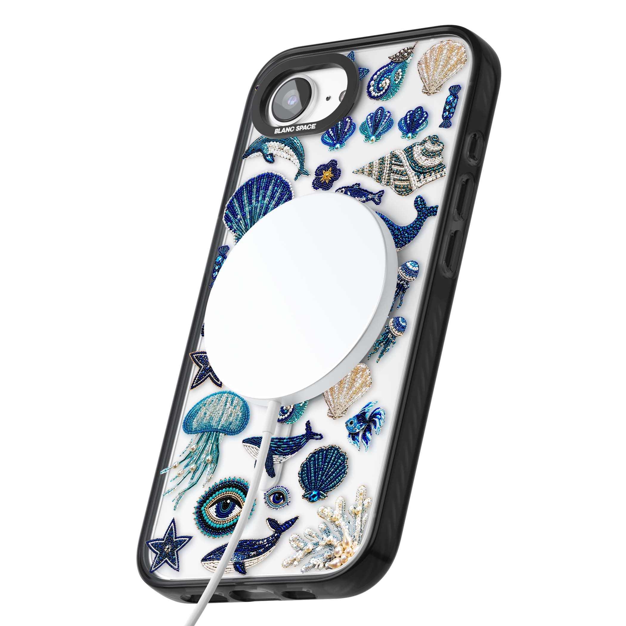 Beaded Coastal coastal iPhone case featuring embroidered seashells, jellyfish and a blue whale on clear | Black Impact Magsafe case for iPhone 16e, iPhone 17e