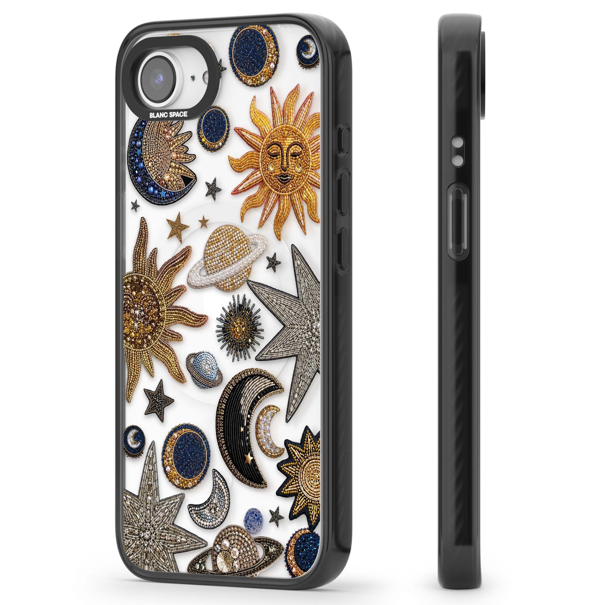Beaded Cosmos celestial iPhone case featuring embroidered golden suns, beaded planets and silver shooting stars | Black Impact Magsafe case for iPhone 16e, iPhone 17e