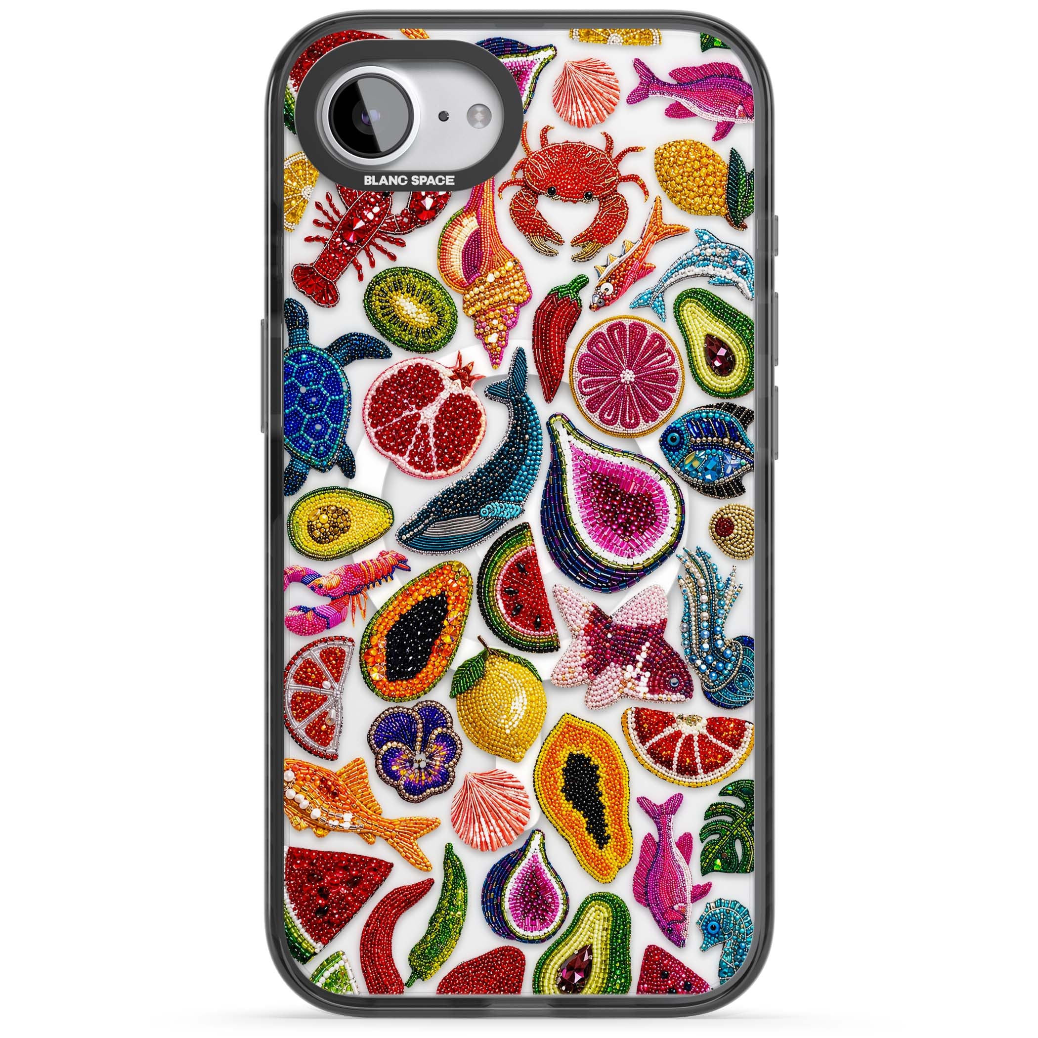 Beaded Tropic tropical iPhone case featuring beaded fruit, fish, crabs and seashells in vibrant colour | Black Impact Magsafe case for iPhone 16e, iPhone 17e
