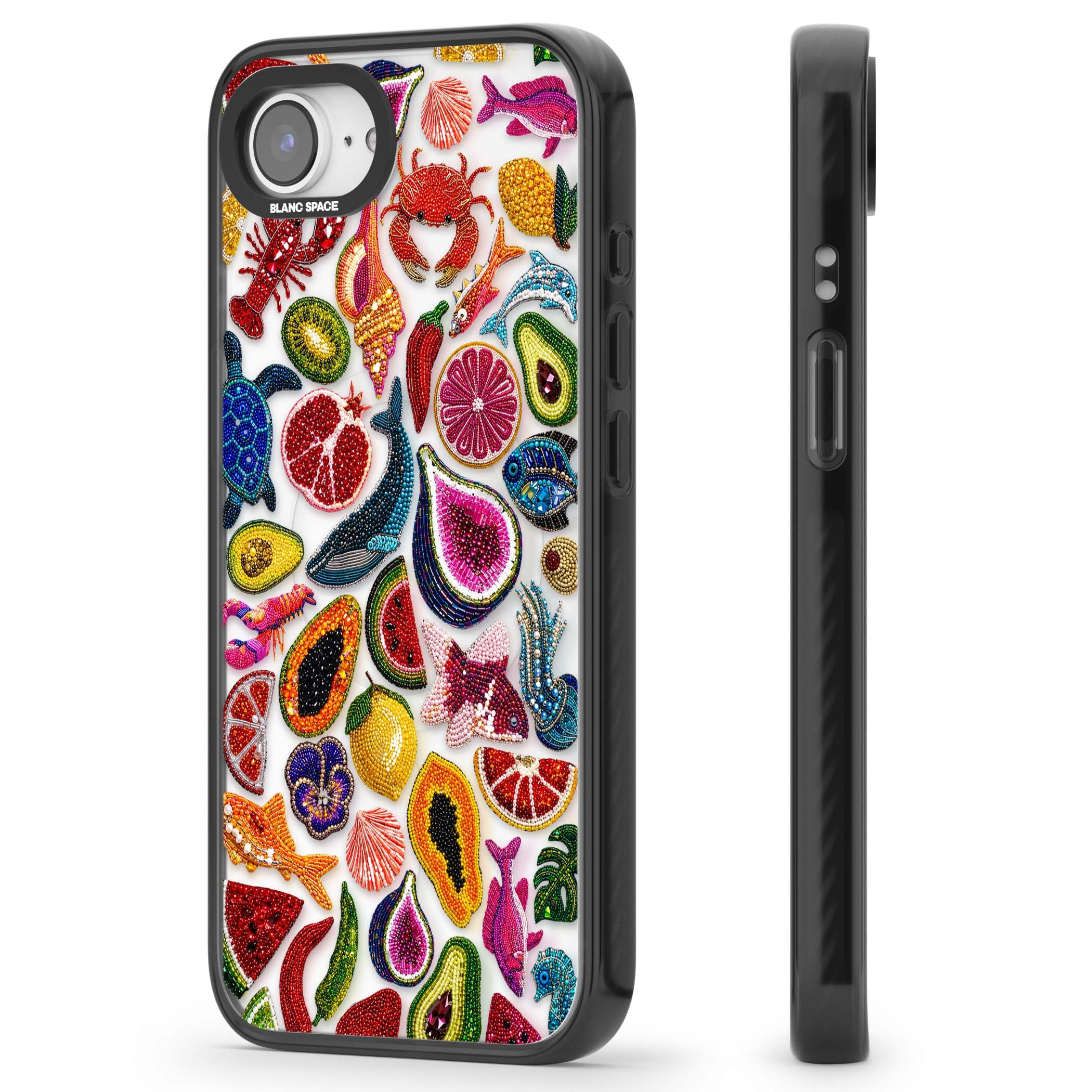 Beaded Tropic tropical iPhone case featuring beaded fruit, fish, crabs and seashells in vibrant colour | Black Impact Magsafe case for iPhone 16e, iPhone 17e