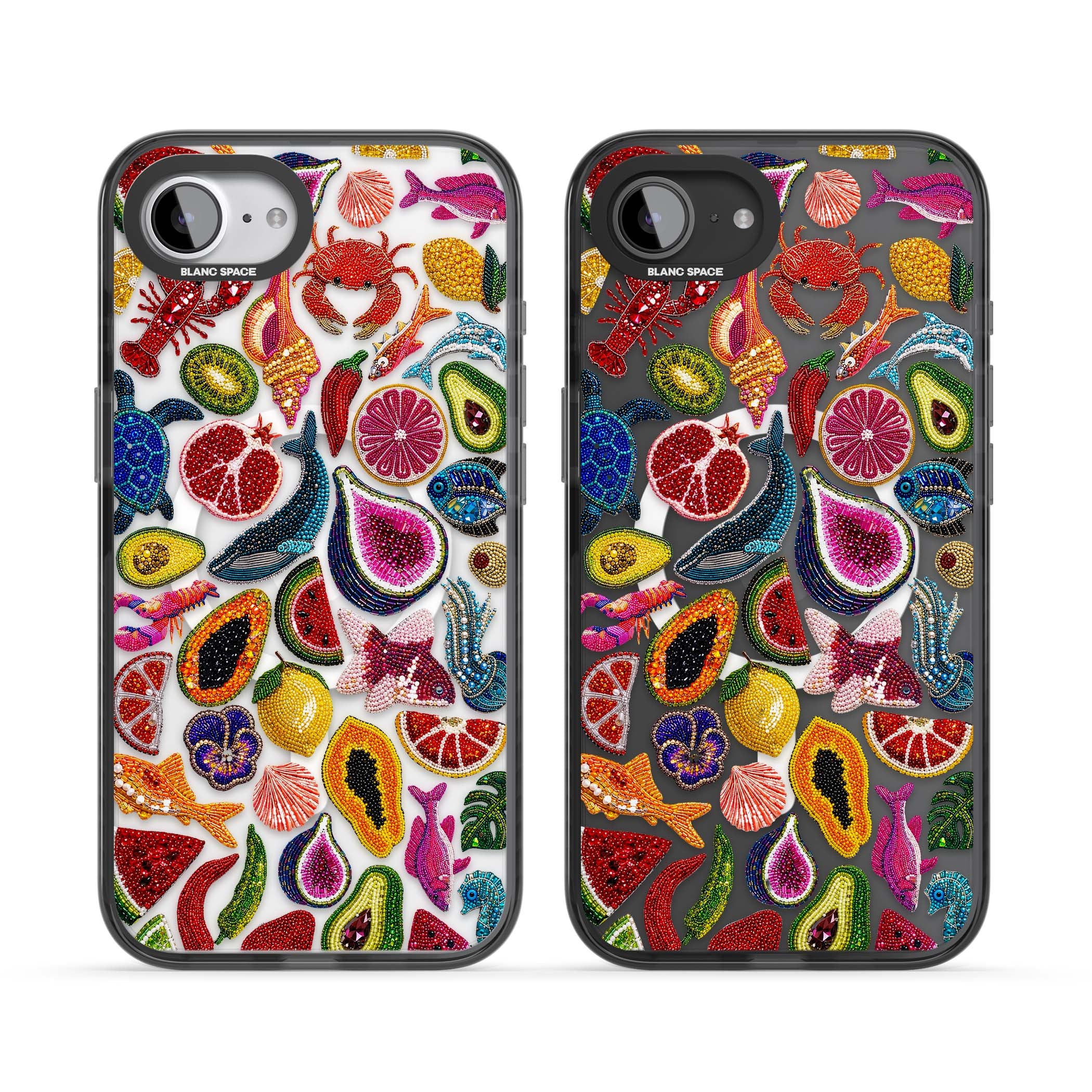 Beaded Tropic tropical iPhone case featuring beaded fruit, fish, crabs and seashells in vibrant colour | Black Impact Magsafe case for iPhone 16e, iPhone 17e