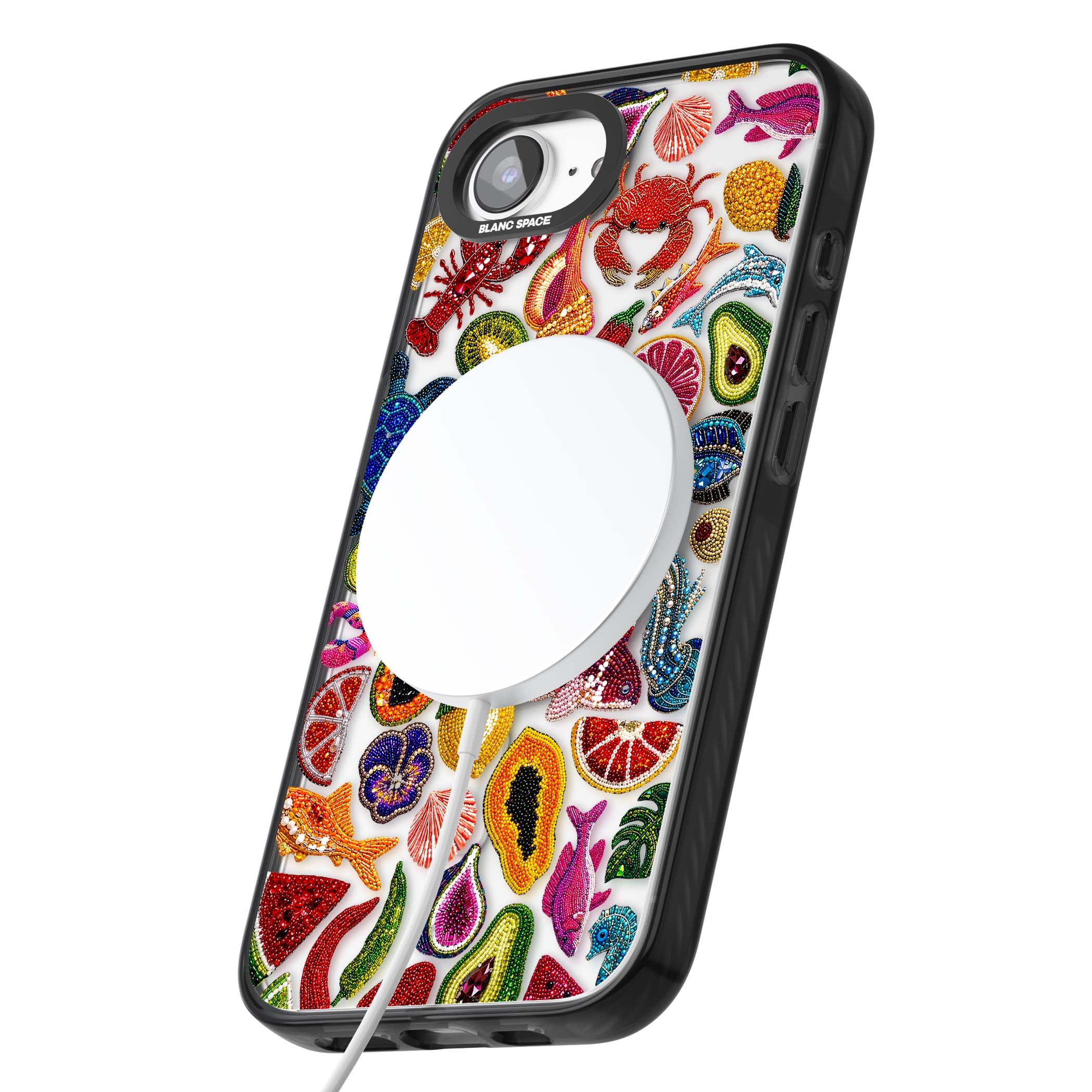 Beaded Tropic tropical iPhone case featuring beaded fruit, fish, crabs and seashells in vibrant colour | Black Impact Magsafe case for iPhone 16e, iPhone 17e
