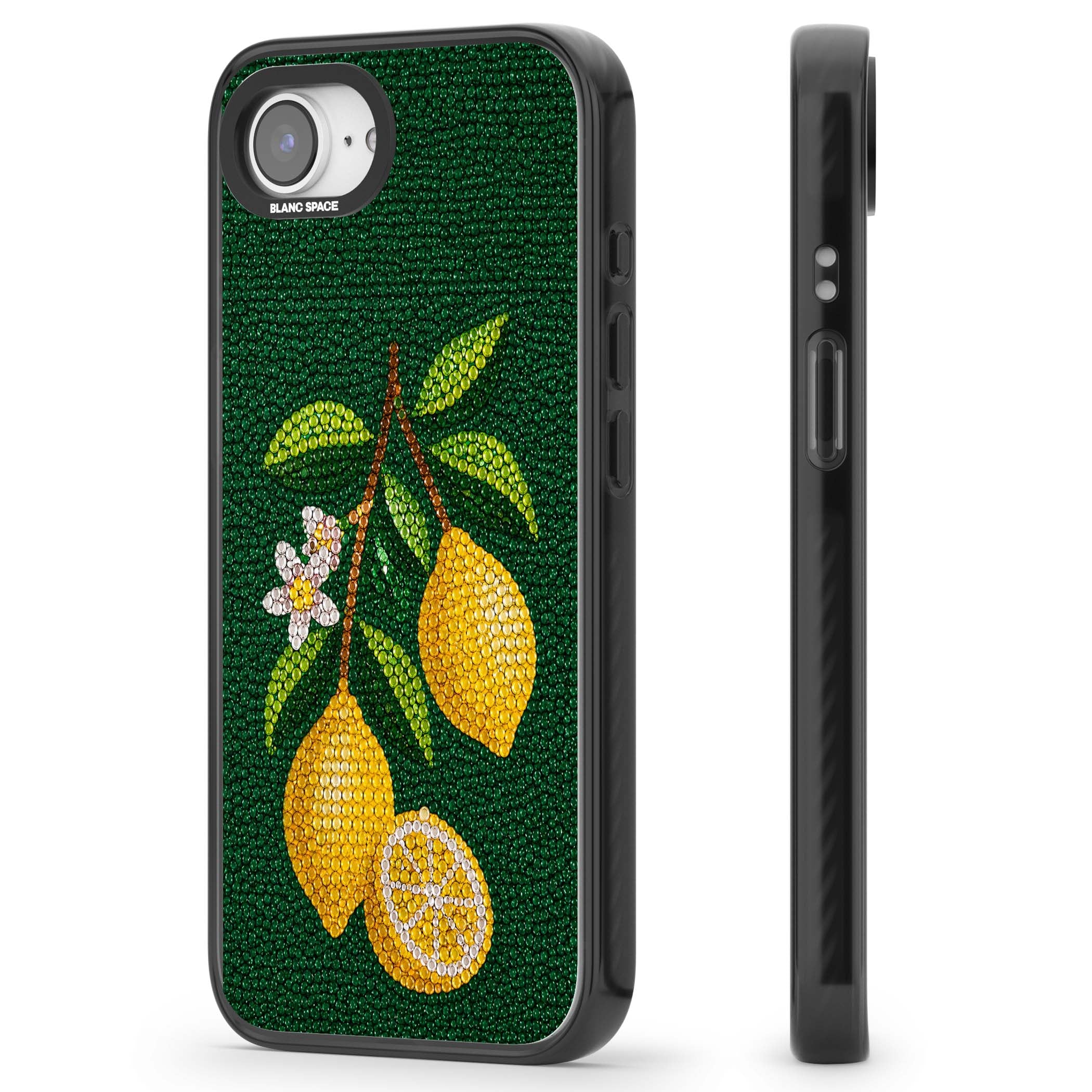 Beaded Lemons coastal iPhone case featuring crystal-beaded lemons, citrus blossom and green leaves on emerald ground | Black Impact Magsafe case for iPhone 16e, iPhone 17e