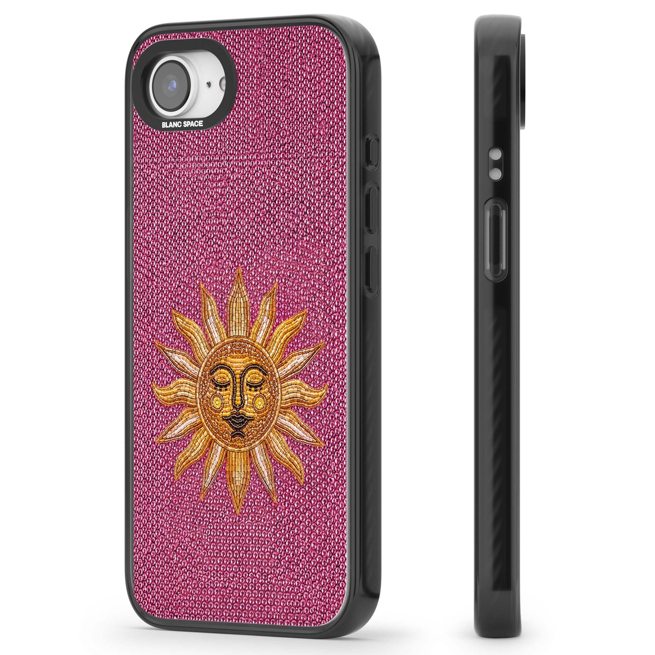 Beaded Sun celestial iPhone case featuring a golden beaded sun face with radiant rays on hot pink beaded background | Black Impact Magsafe case for iPhone 16e, iPhone 17e