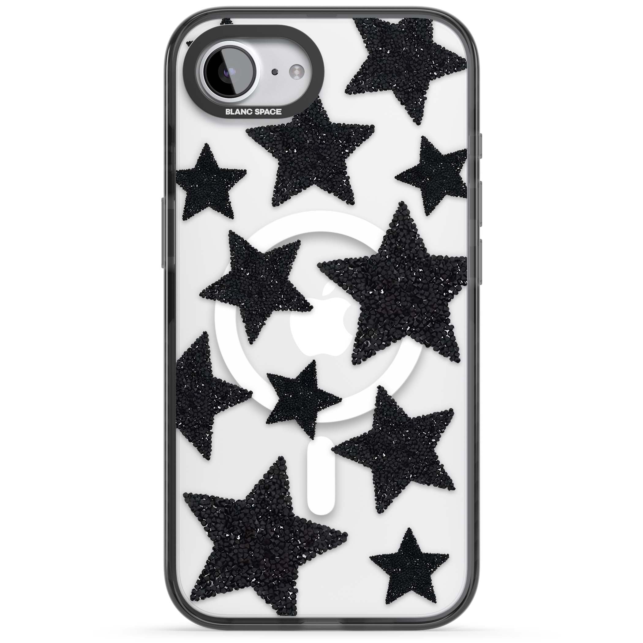 Beaded Black Stars celestial iPhone case featuring black glitter beaded stars scattered on a clear background | Black Impact Magsafe case for iPhone 16e, iPhone 17e