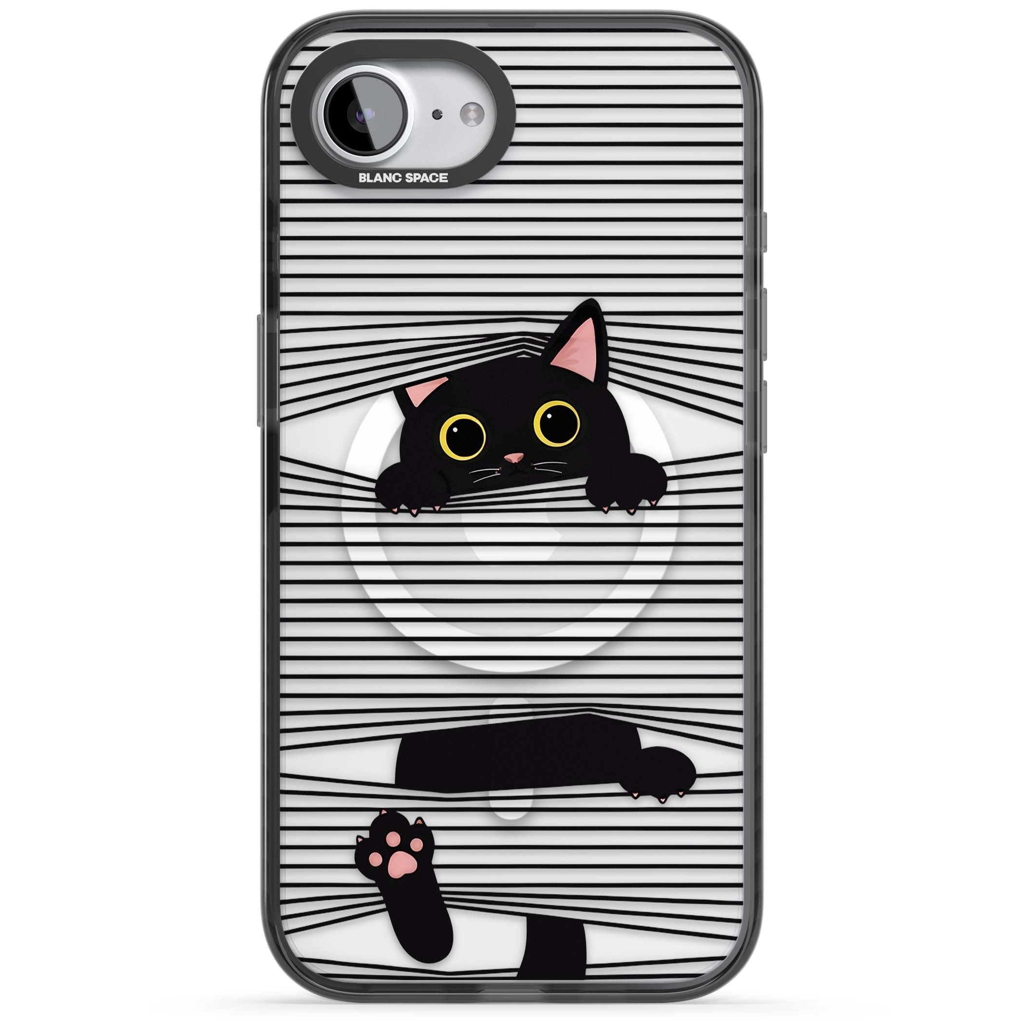 Peek-a-Boo Cat minimal iPhone case featuring black cat peeking through horizontal black and white stripes | Black Impact Magsafe case for iPhone 16e, iPhone 17e
