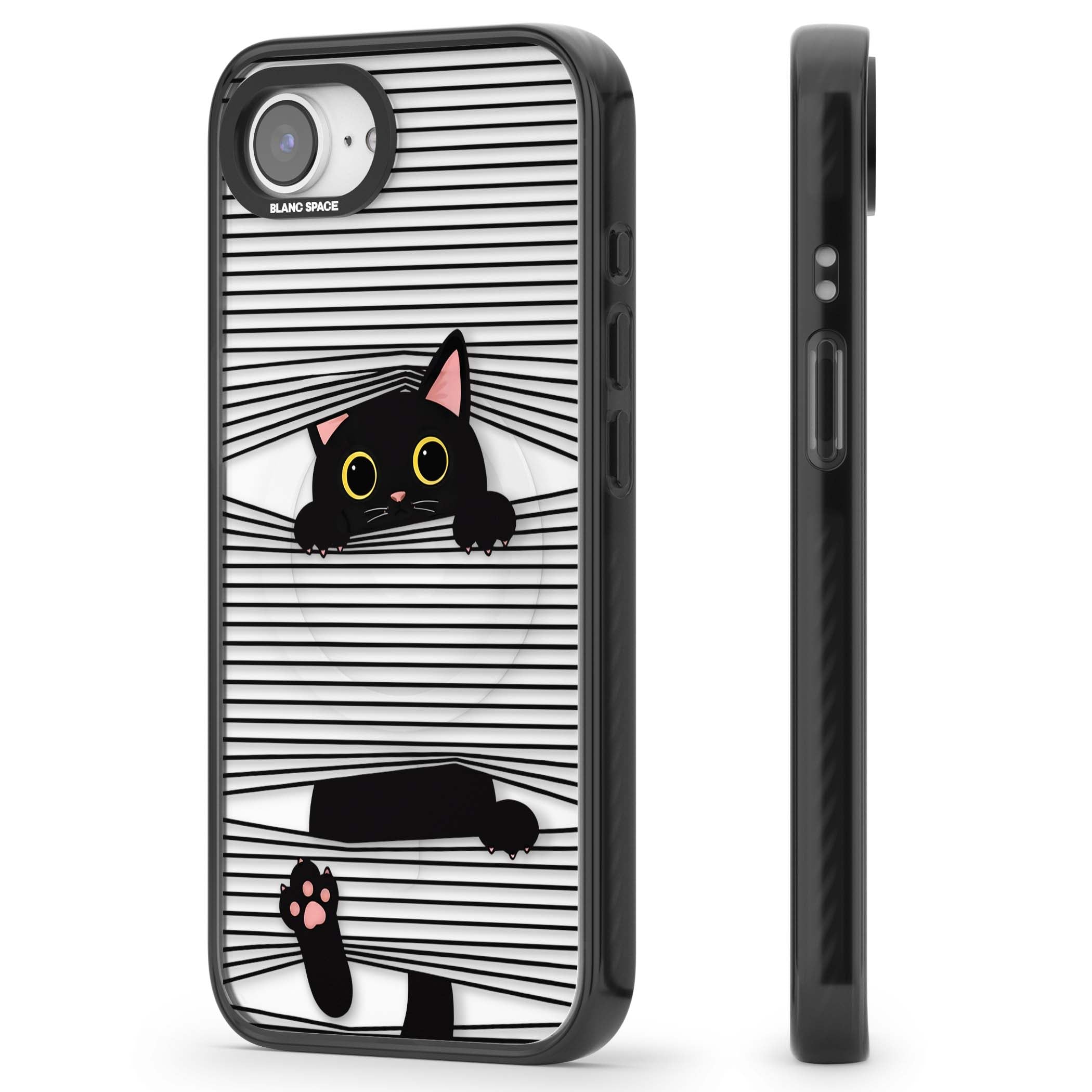 Peek-a-Boo Cat minimal iPhone case featuring black cat peeking through horizontal black and white stripes | Black Impact Magsafe case for iPhone 16e, iPhone 17e