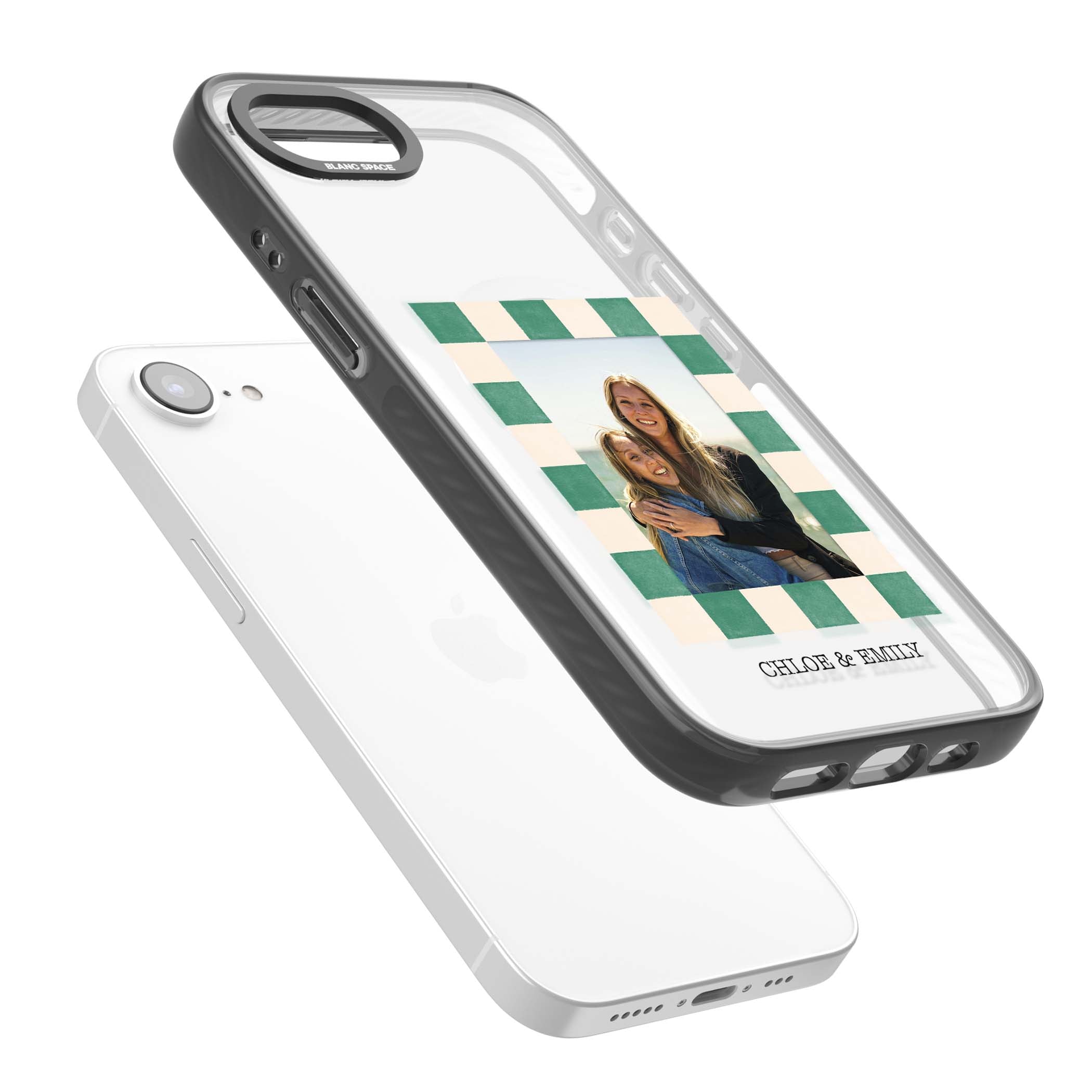 Seafoam Check Photo personalised iPhone case featuring a custom polaroid photo, green and cream checkered frame, and custom n | Black Impact Magsafe case for iPhone 16e, iPhone 17e