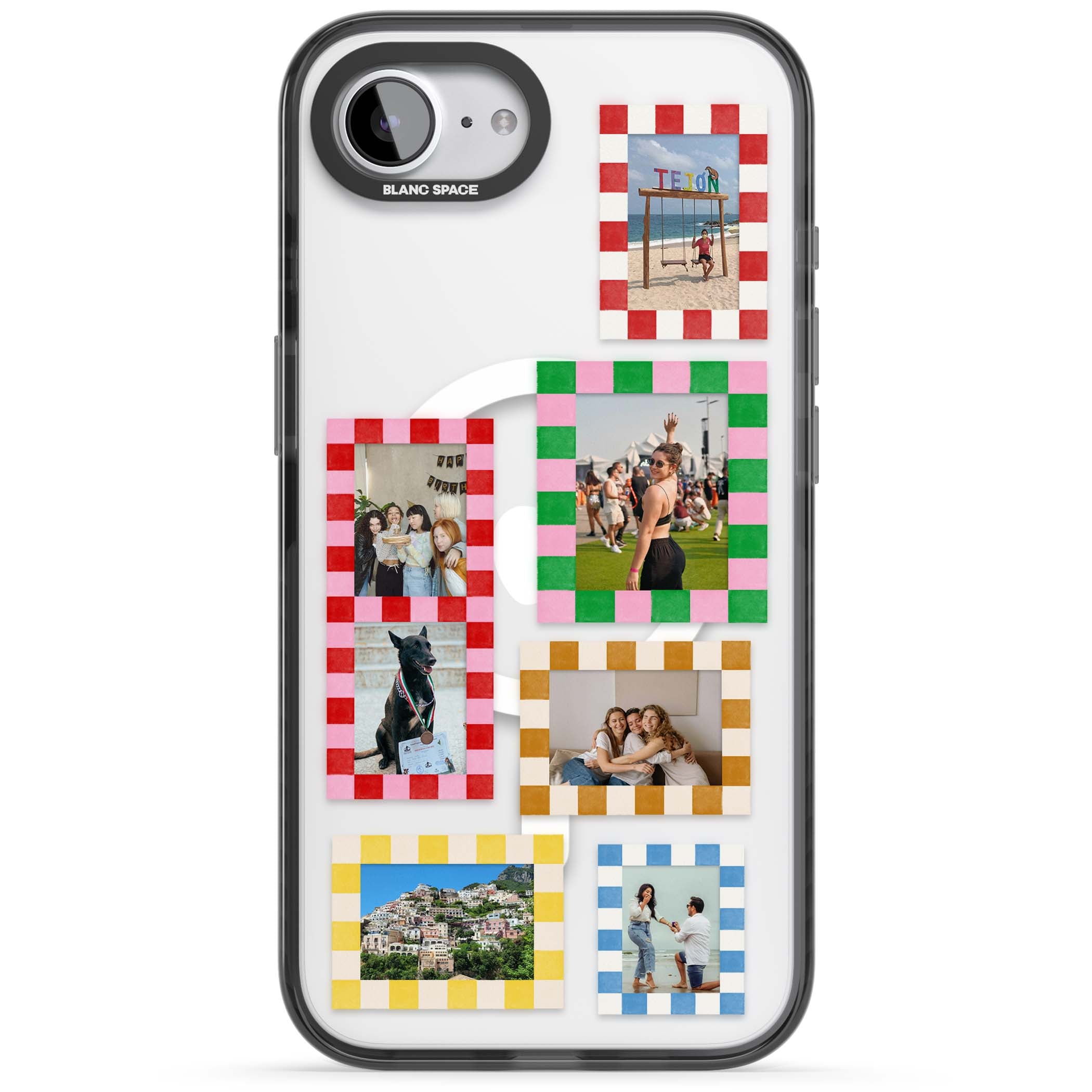 Italian Check Frames custom photo collage iPhone case featuring six checkered photo frames in red, green, pink and | Black Impact Magsafe case for iPhone 16e, iPhone 17e