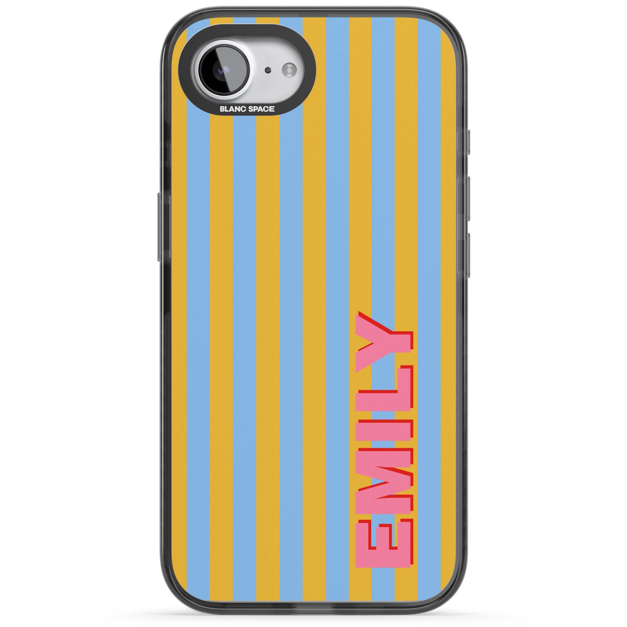 Carribean Stripe personalised coastal iPhone case with yellow and blue vertical stripes and a custom pink name | Black Impact Magsafe case for iPhone 16e, iPhone 17e