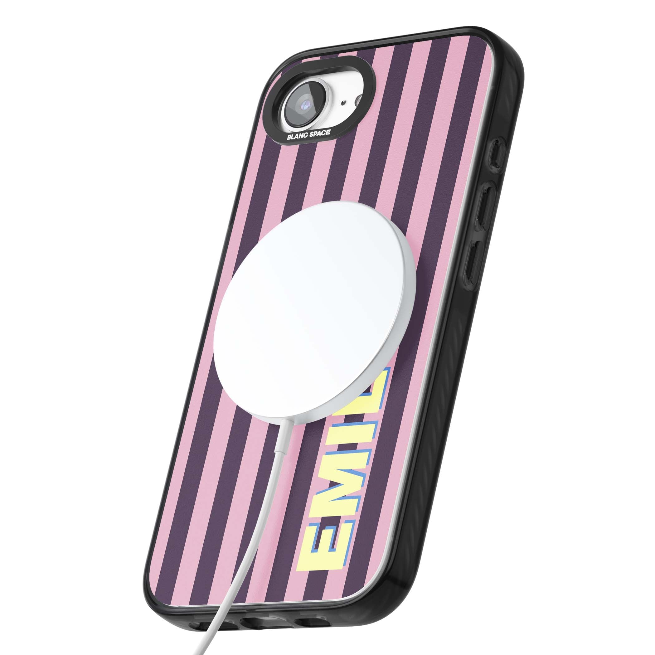 Tyre Stripe personalised stripe iPhone case with plum and pink vertical stripes and custom yellow name | Black Impact Magsafe case for iPhone 16e, iPhone 17e