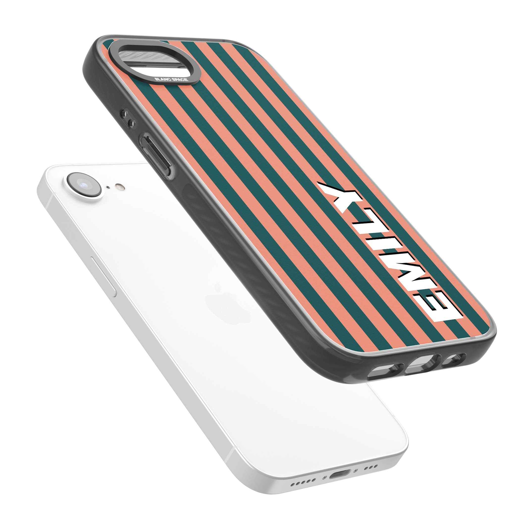 Tuscan Stripe personalised iPhone case featuring coral and green vertical stripes with bold custom name | Black Impact Magsafe case for iPhone 16e, iPhone 17e