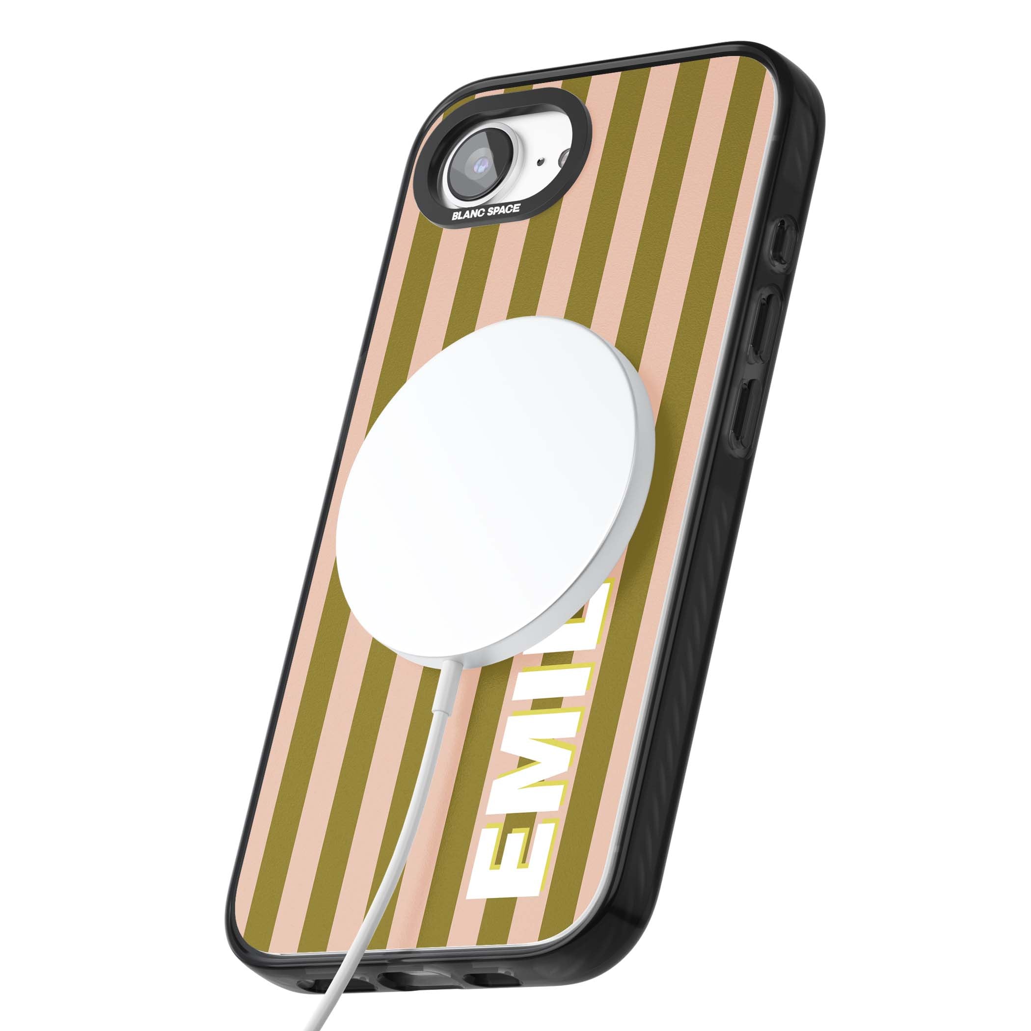 Indian Stripe personalised iPhone case featuring olive green and blush pink vertical stripes with custom name in whit | Black Impact Magsafe case for iPhone 16e, iPhone 17e