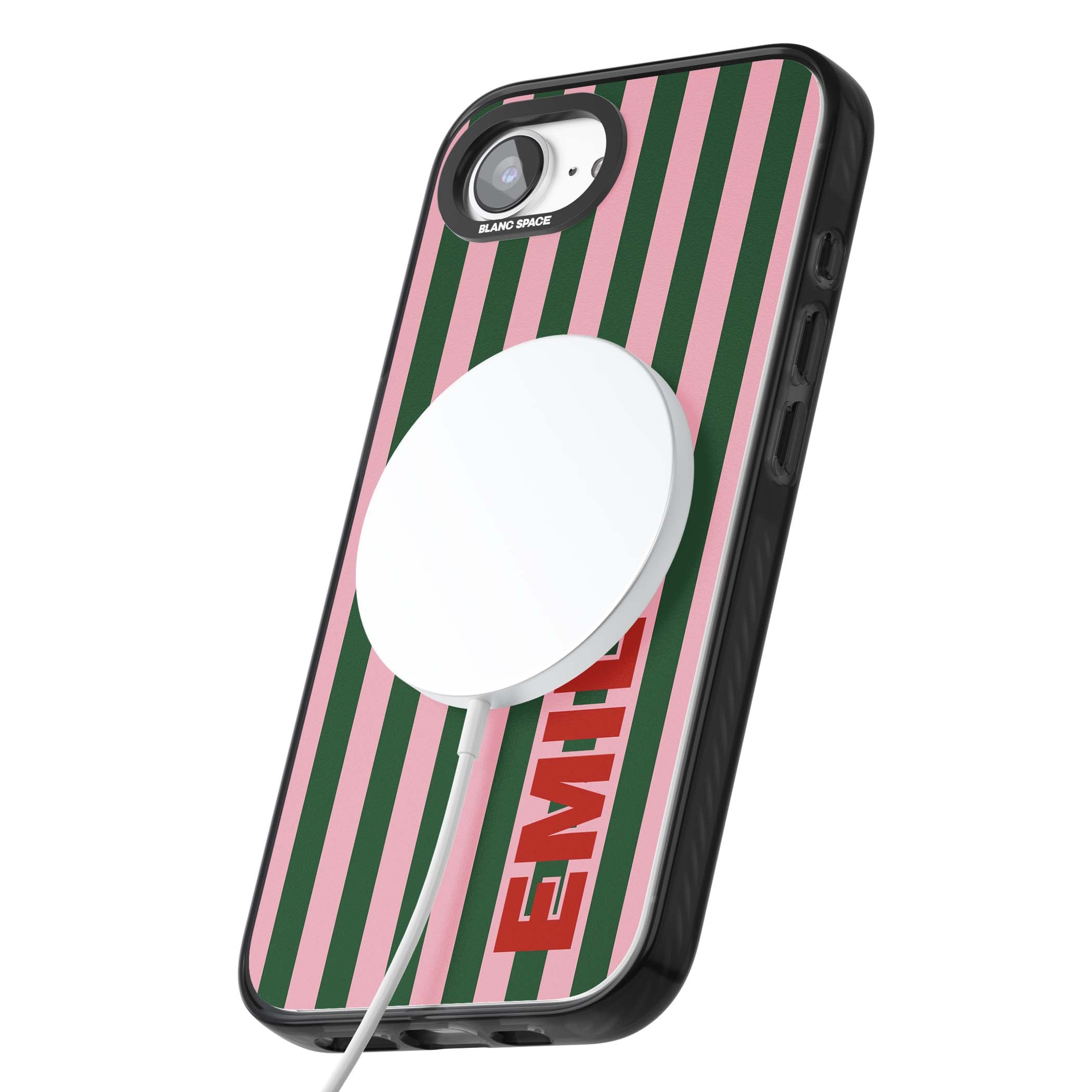 Italian Stripe preppy iPhone case featuring pink and green vertical stripes with personalised red name | Black Impact Magsafe case for iPhone 16e, iPhone 17e