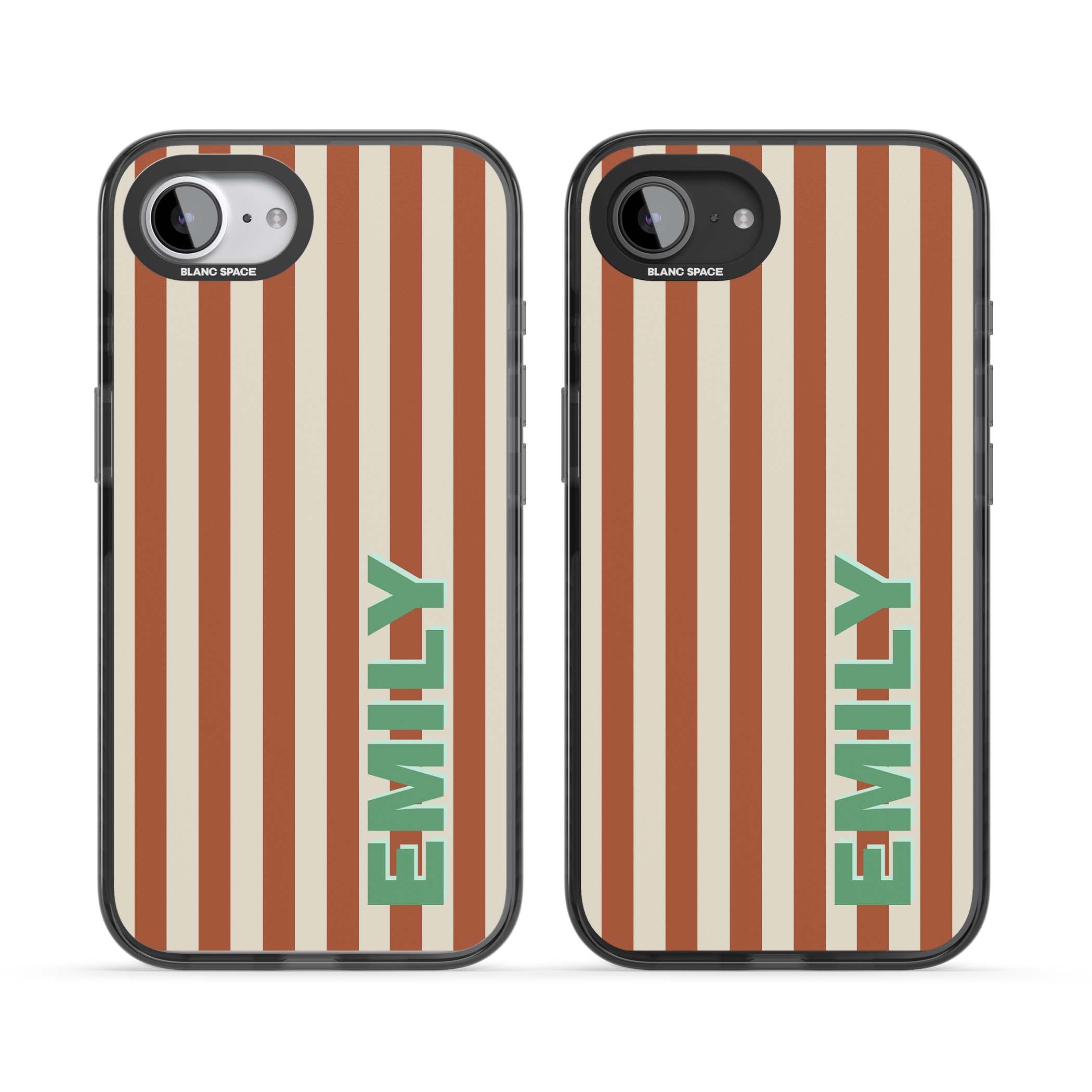 Dune Stripe personalised iPhone case with rust and cream vertical stripes and custom name in mint green | Black Impact Magsafe case for iPhone 16e, iPhone 17e