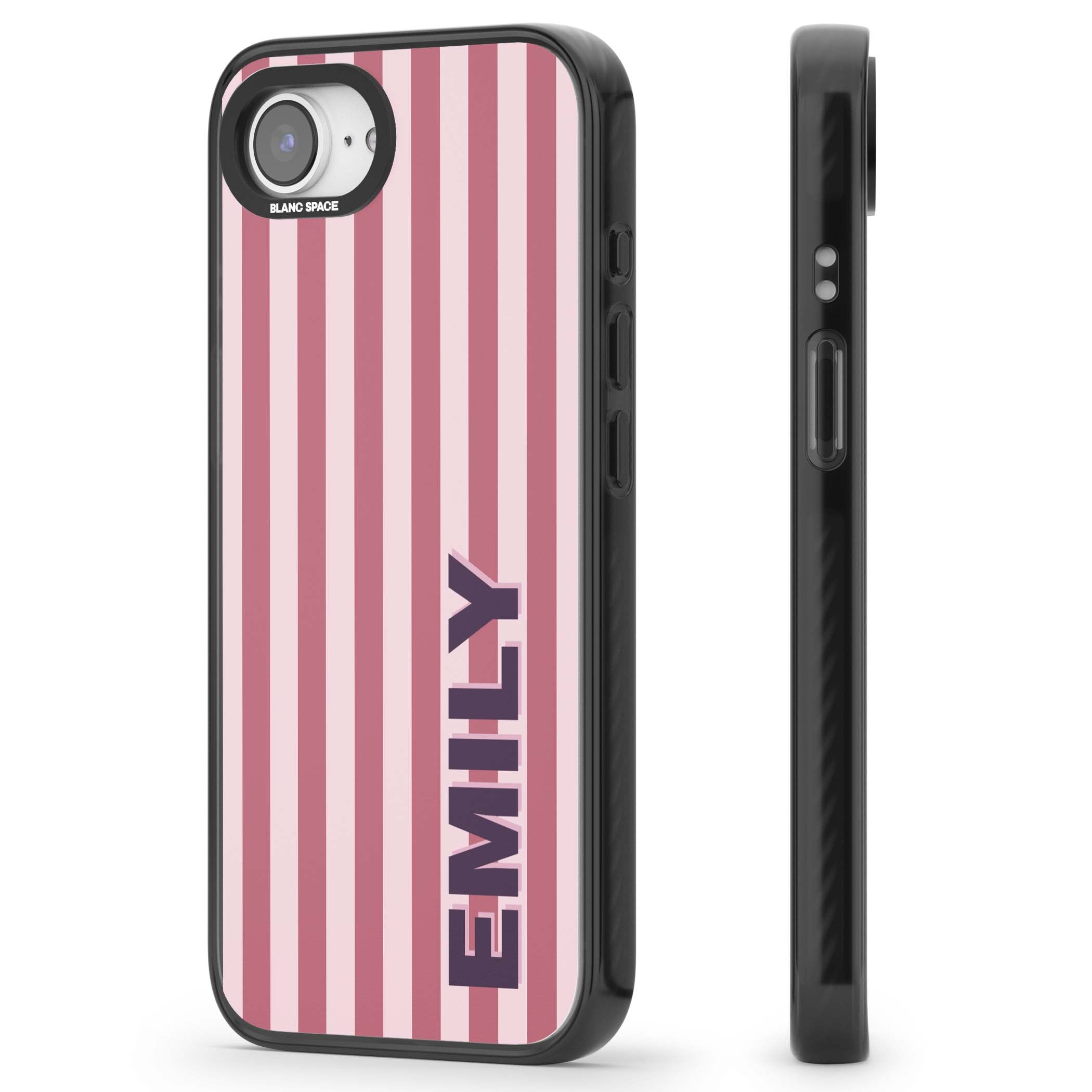 Victoria Stripe personalised iPhone case featuring pink vertical stripes and custom name in bold plum lettering | Black Impact Magsafe case for iPhone 16e, iPhone 17e