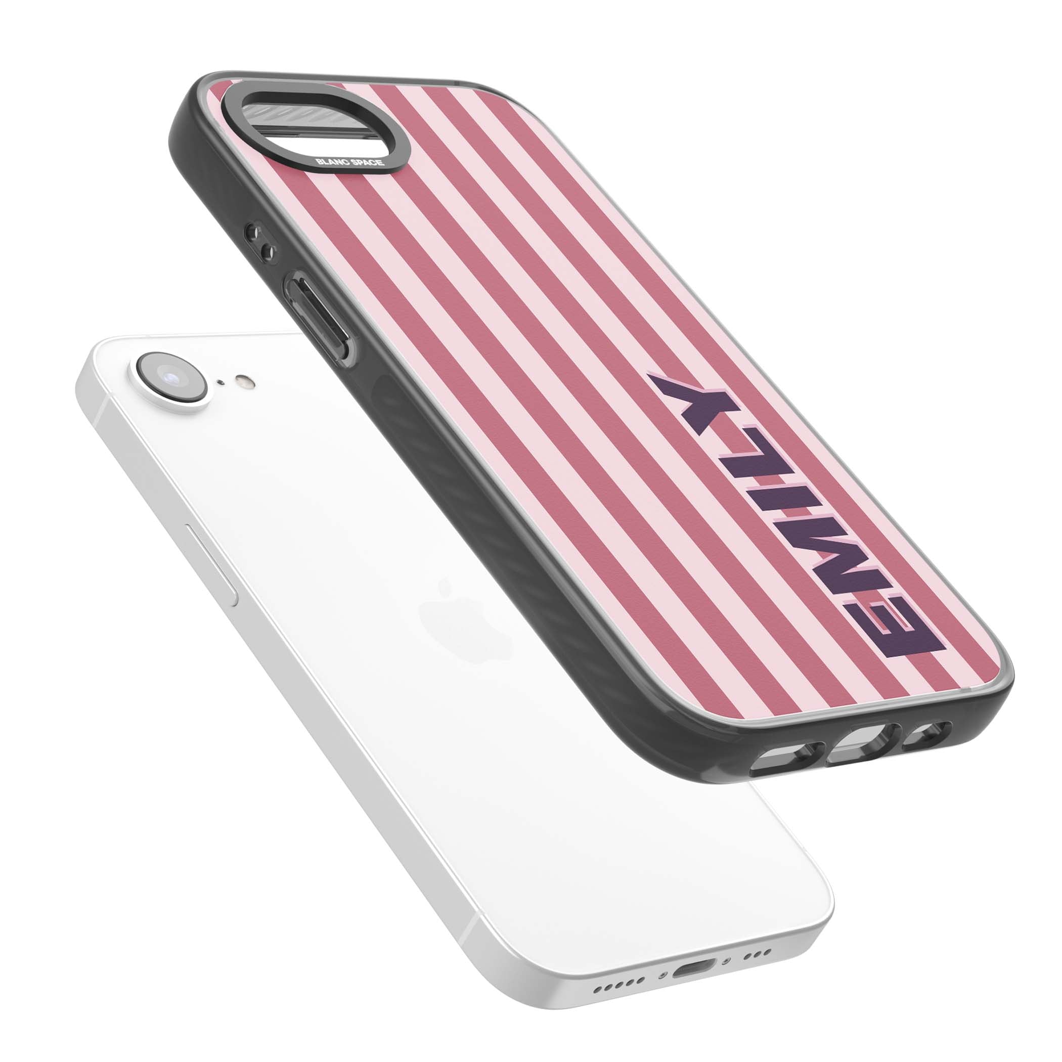 Victoria Stripe personalised iPhone case featuring pink vertical stripes and custom name in bold plum lettering | Black Impact Magsafe case for iPhone 16e, iPhone 17e