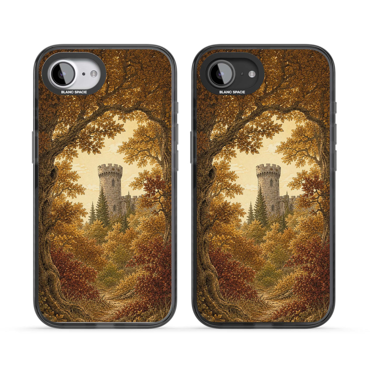 Autumn Keep cottagecore iPhone case featuring a medieval castle tower framed by golden autumn trees and woodland foliage | Black Impact Magsafe case for iPhone 16e, iPhone 17e