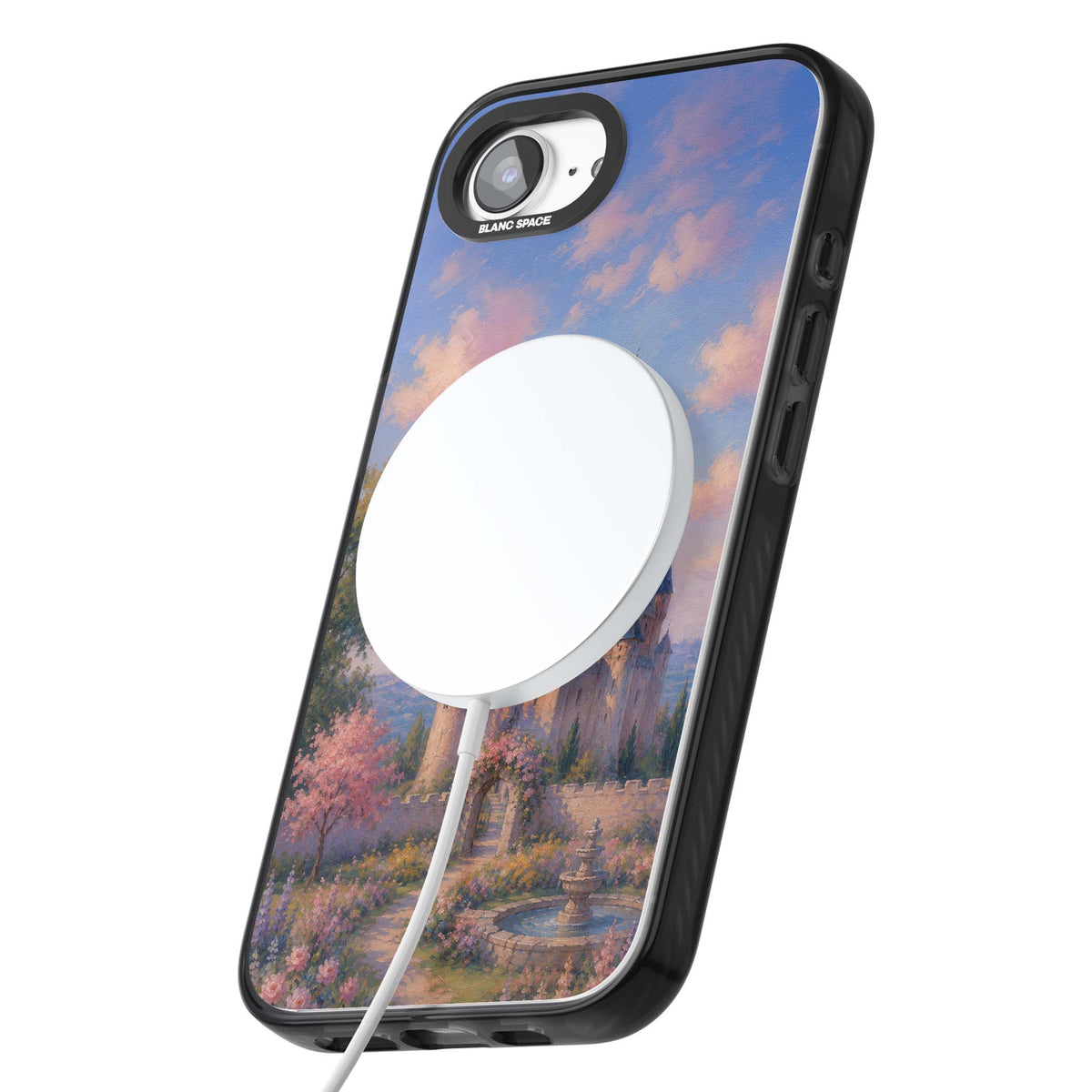 Enchanted Kingdom fairytale iPhone case featuring a romantic castle painting with cherry blossoms and pastel pink sky | Black Impact Magsafe case for iPhone 16e, iPhone 17e