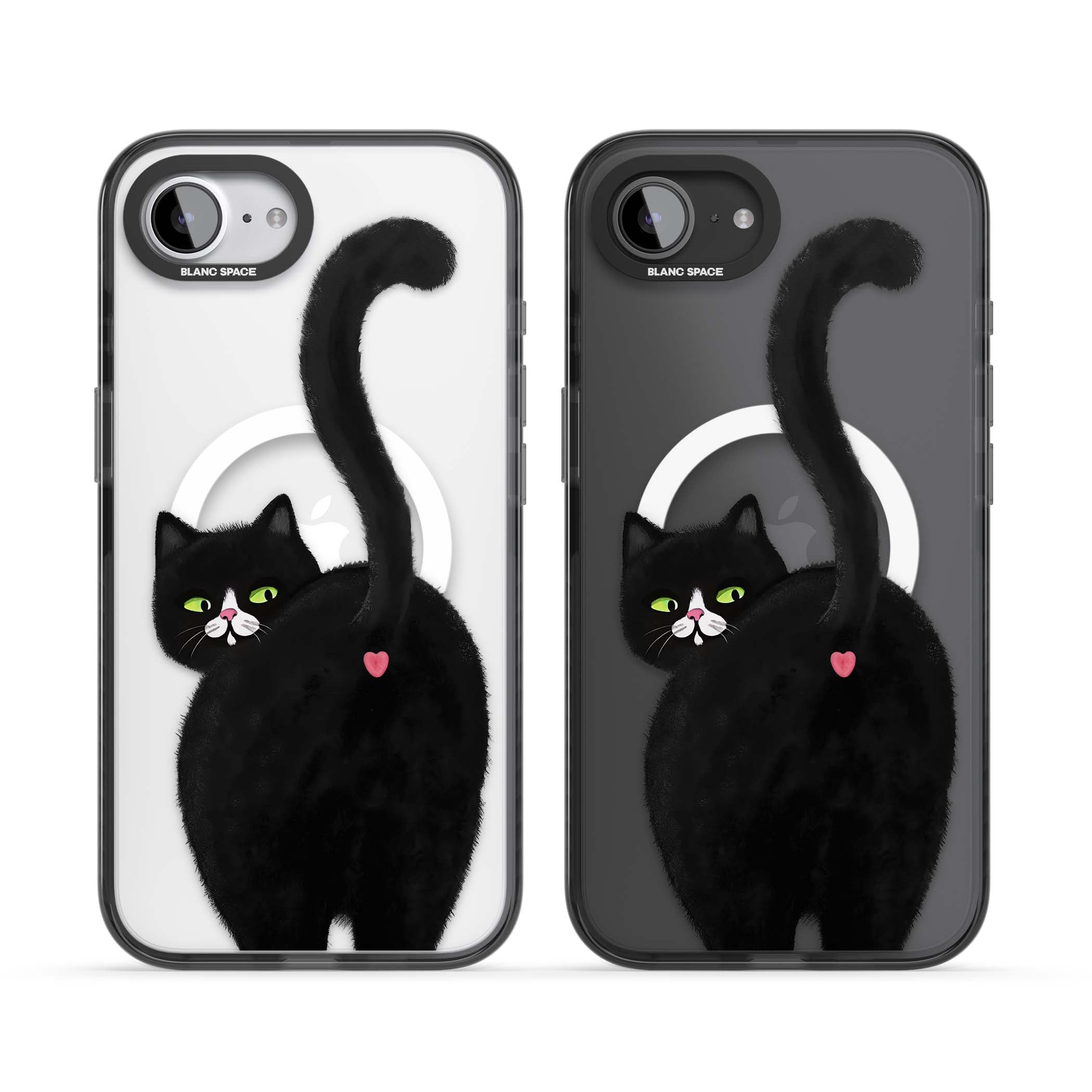 The Cat's Kiss cute cat iPhone case featuring a hand-painted tuxedo kitty with green eyes and a pink heart on a clear | Black Impact Magsafe case for iPhone 16e, iPhone 17e