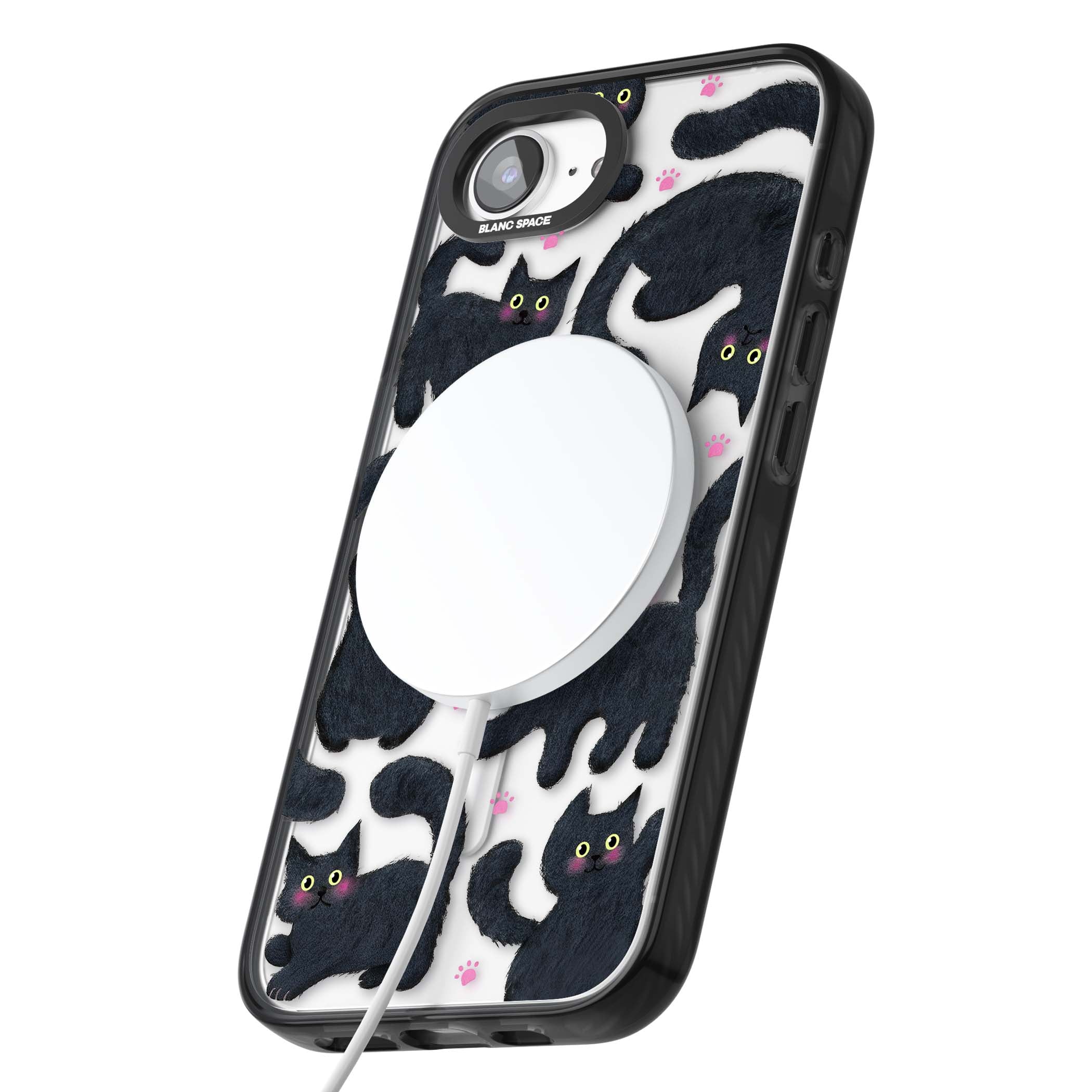 Midnight Cats cute iPhone case featuring black cat pattern with yellow eyes and pink paw prints | Black Impact Magsafe case for iPhone 16e, iPhone 17e