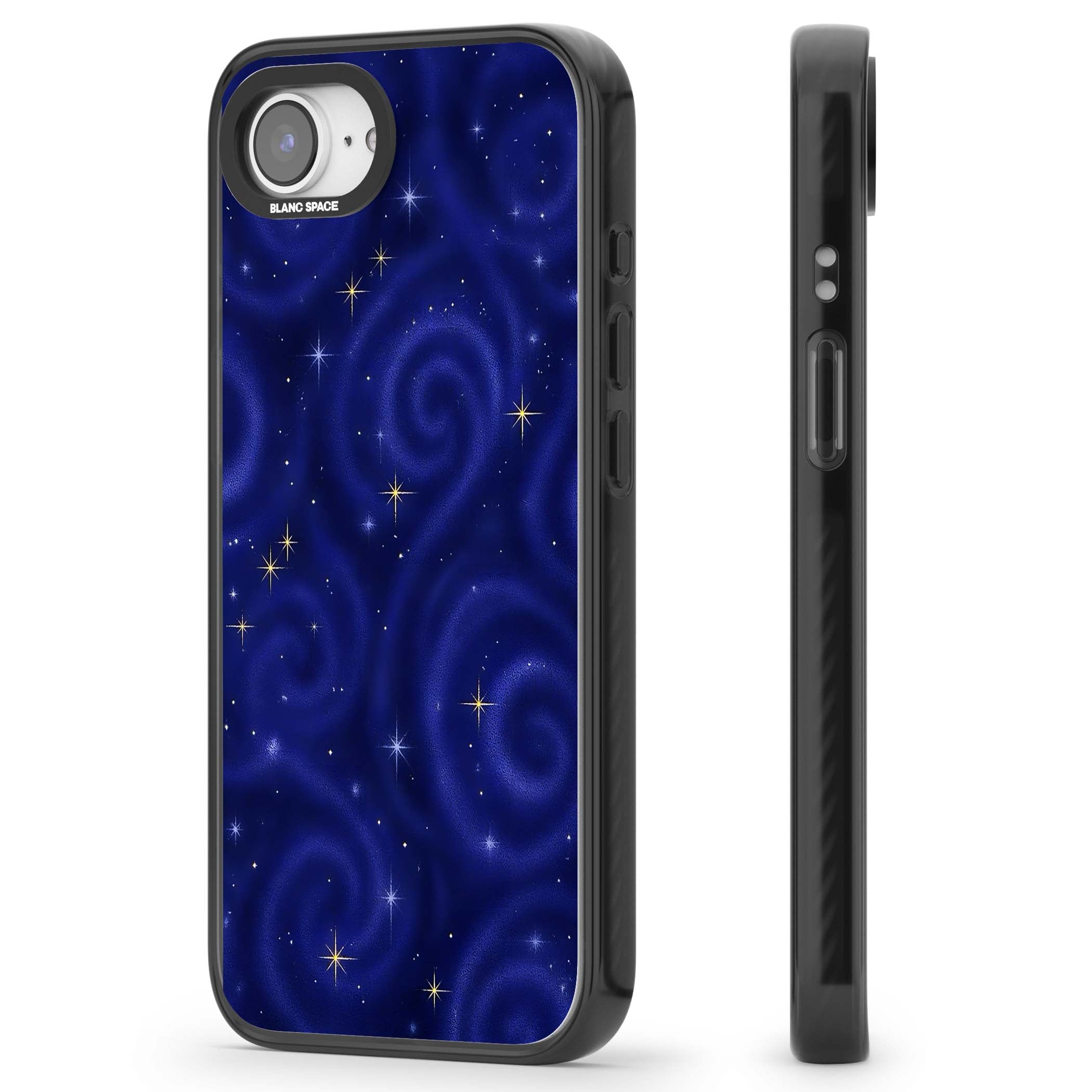 Indigo Cosmos celestial iPhone case featuring swirling navy night sky and sparkling golden stars | Black Impact Magsafe case for iPhone 16e, iPhone 17e