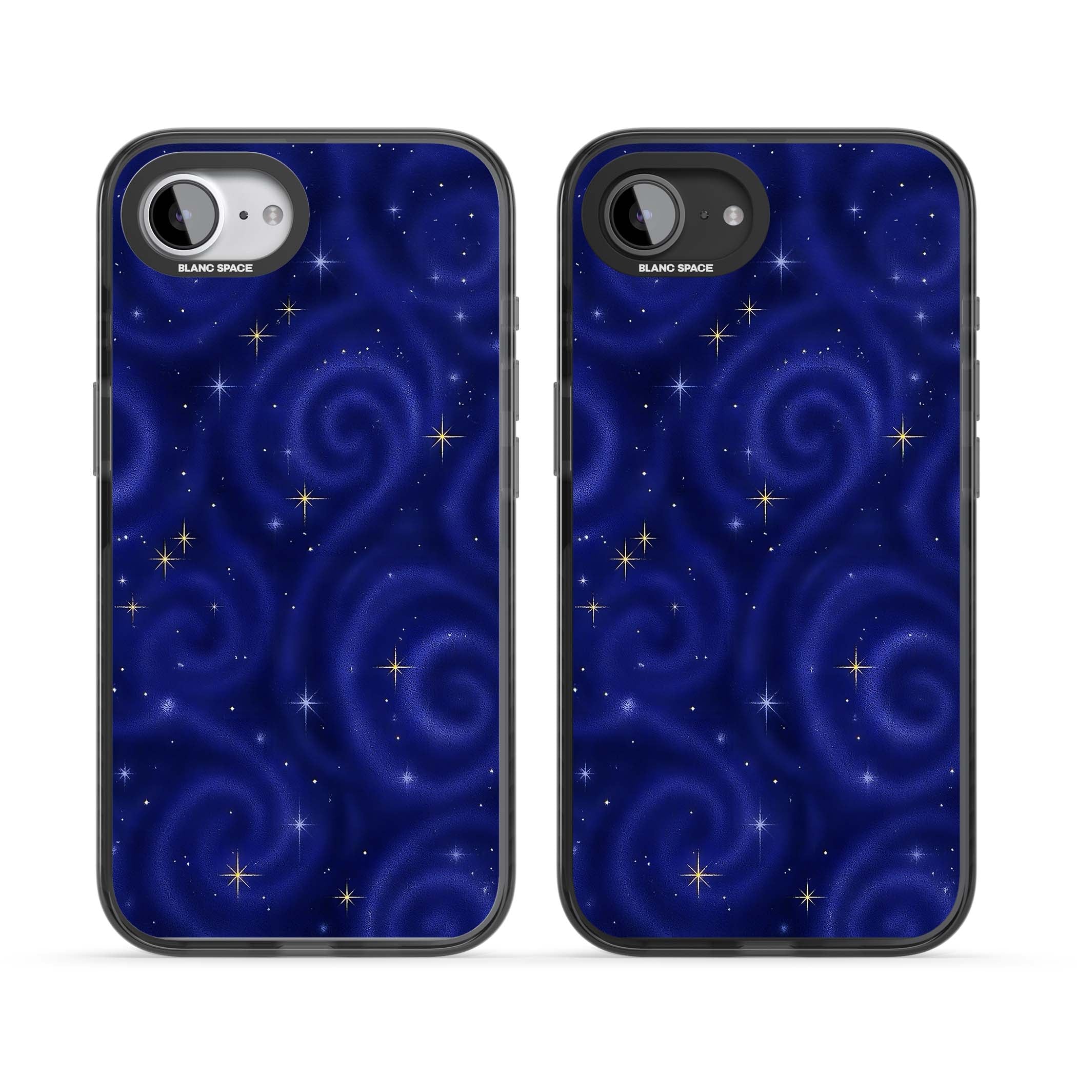 Indigo Cosmos celestial iPhone case featuring swirling navy night sky and sparkling golden stars | Black Impact Magsafe case for iPhone 16e, iPhone 17e