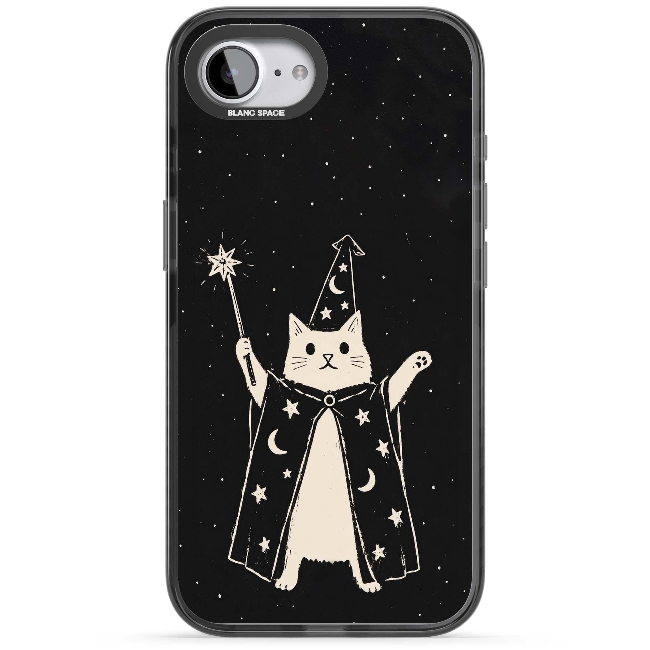 Whisker Wizard celestial cat iPhone case featuring a wizard cat with magic wand, starry night sky and crescent moons | Black Impact Magsafe case for iPhone 16e, iPhone 17e